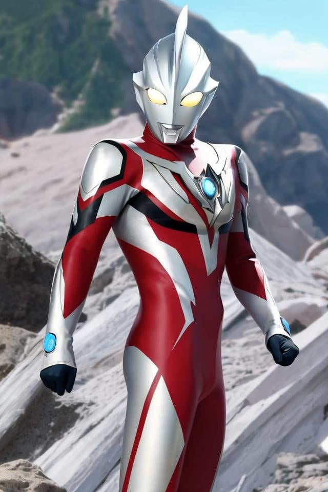 1boy,<lora:好吃米-Ultraman:0.85>,yellow eyes,Ultraman,bodysuit,