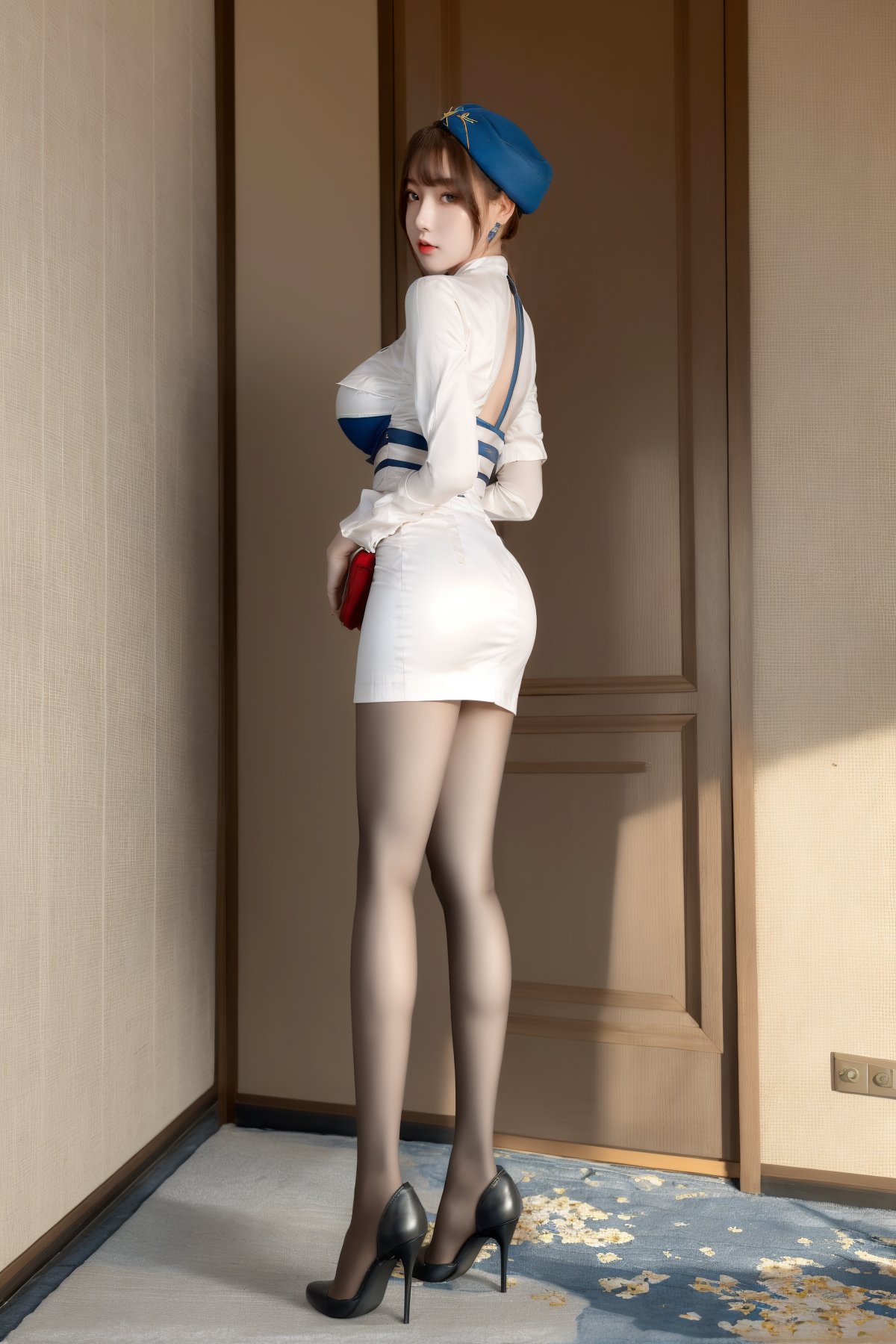 masterpiece,best quality,extremelydetailed,1girl, hat, solo, short_hair, brown_hair, skirt, water, shirt, Big breast, Long legs, Black thighhighs, Red_high_heels, looking at viewer, <lora:Pantyhose short skirt flight attendant-000009:0.8>,<lora:两千年一遇御姐脸:0.6>