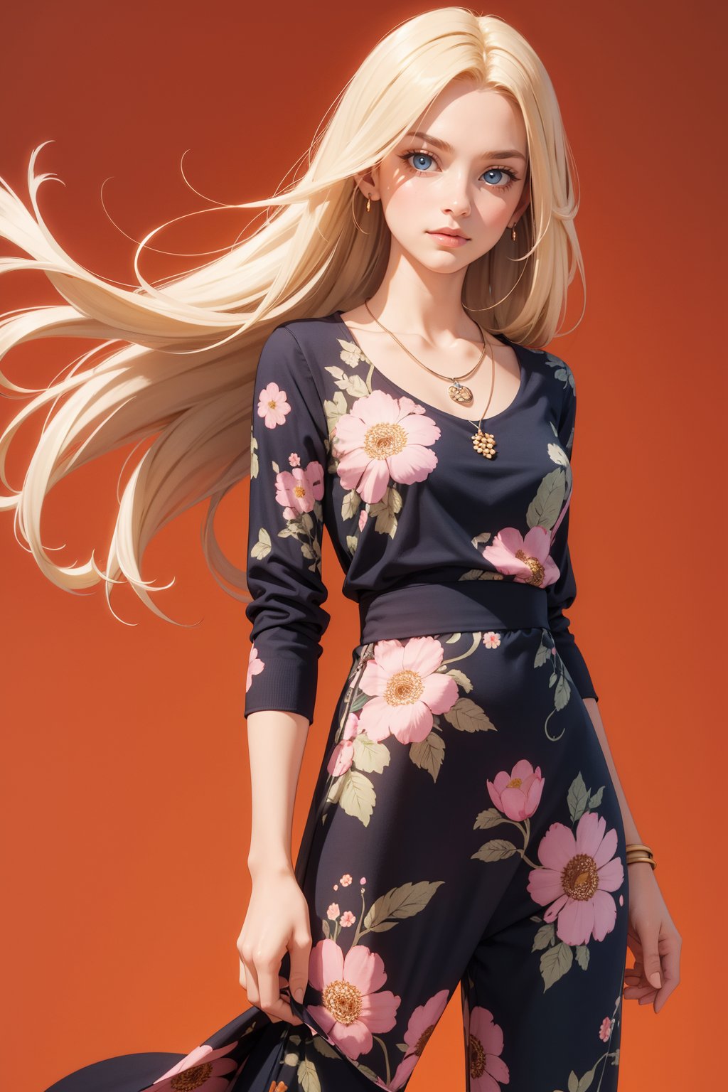 masterpiece,  high quality,  long hair,  blonde hair,  blue eyes,  petite,  dr3ss,  wearing dress,  (pants),  necklace,  wearing ((floral print)) dress