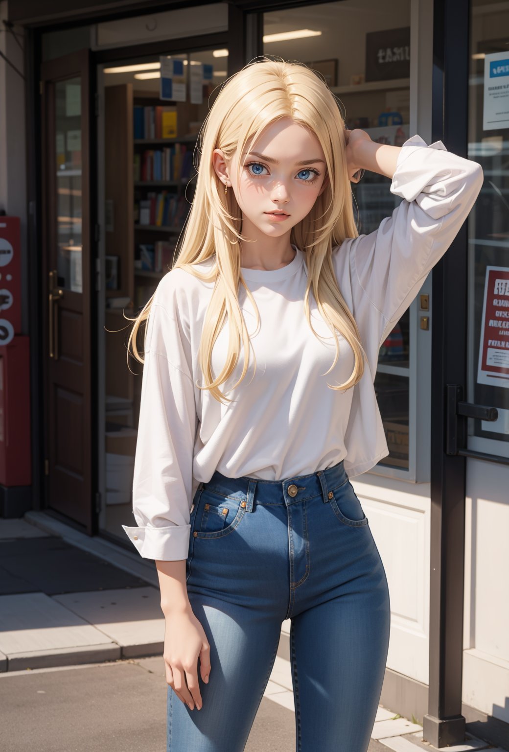 masterpiece,  high quality,  long hair,  blonde hair,  blue eyes,  petite,  wearing short jeans and shirts