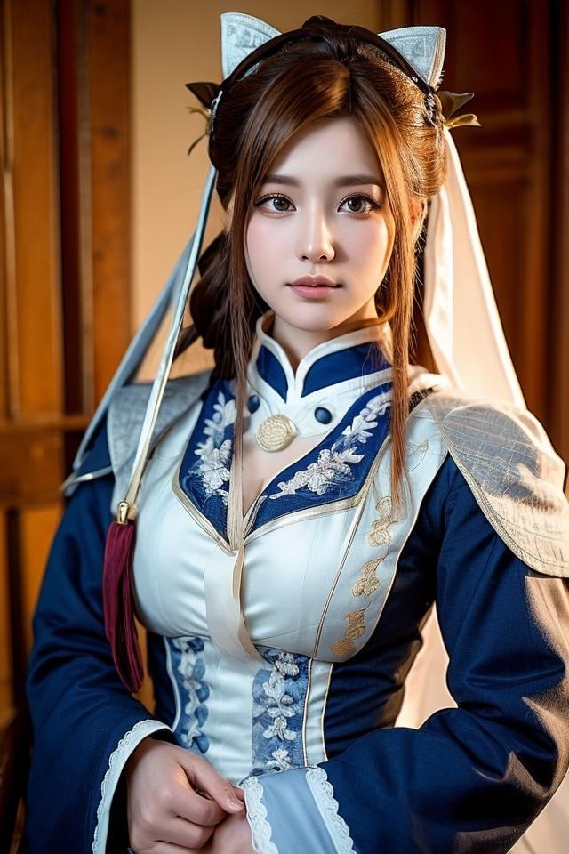 realistic:1,cosplay,1girl,cute,detailed gorgeous face,delicate features,cosplay clothes,