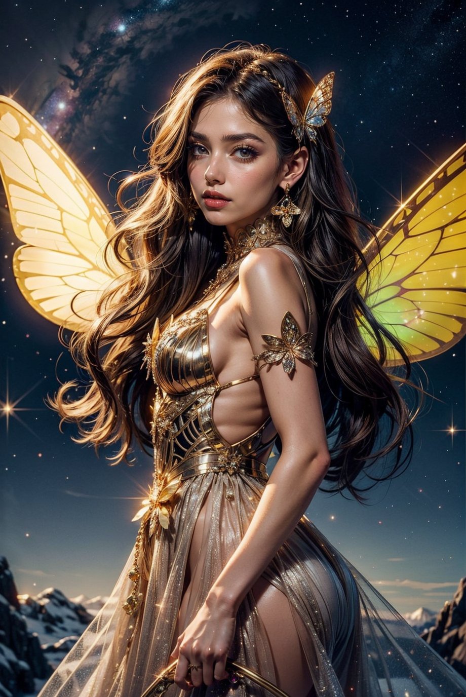 1 girl, solo, magical fairy with long hair and with a long shiny galaxy dress, beautiful diamond wings and butterfly earrings