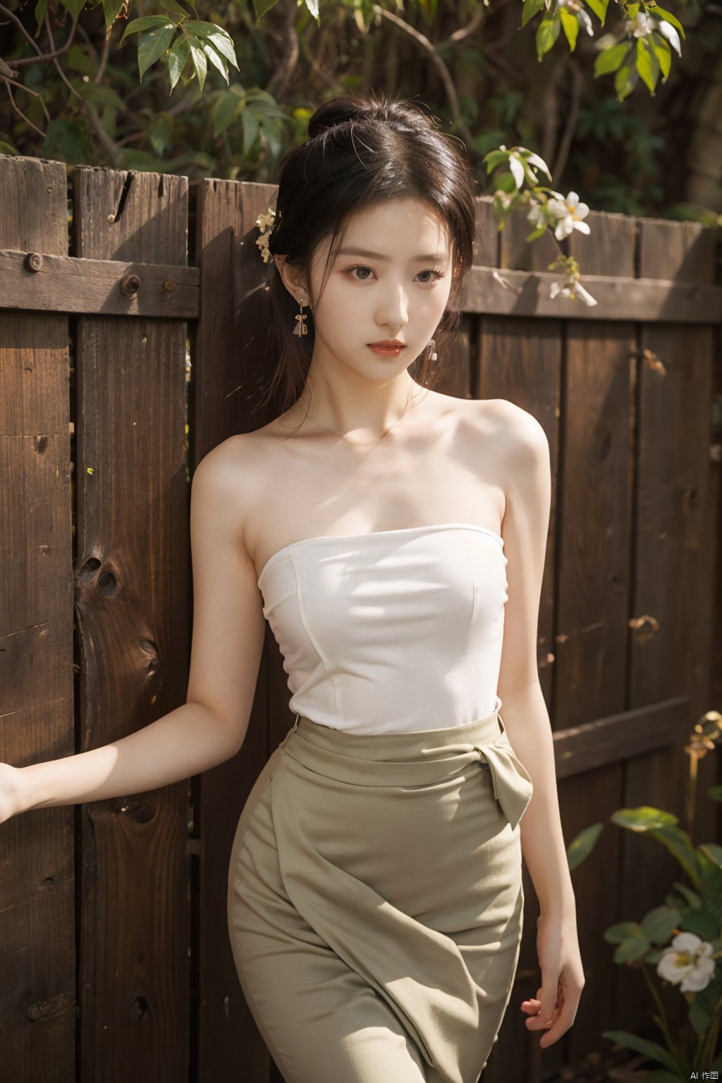  1girl, bare shoulders, black hair, breasts,Wooden wall, bush,Dai ethnic skirt, earrings, flower, garden,Chinese Dai ethnic clothing,Diagonal draped light gauze skirt, strapless dress, grass, hair bun, jewelry, makeup, outdoors, plant, red lips, solo, standing