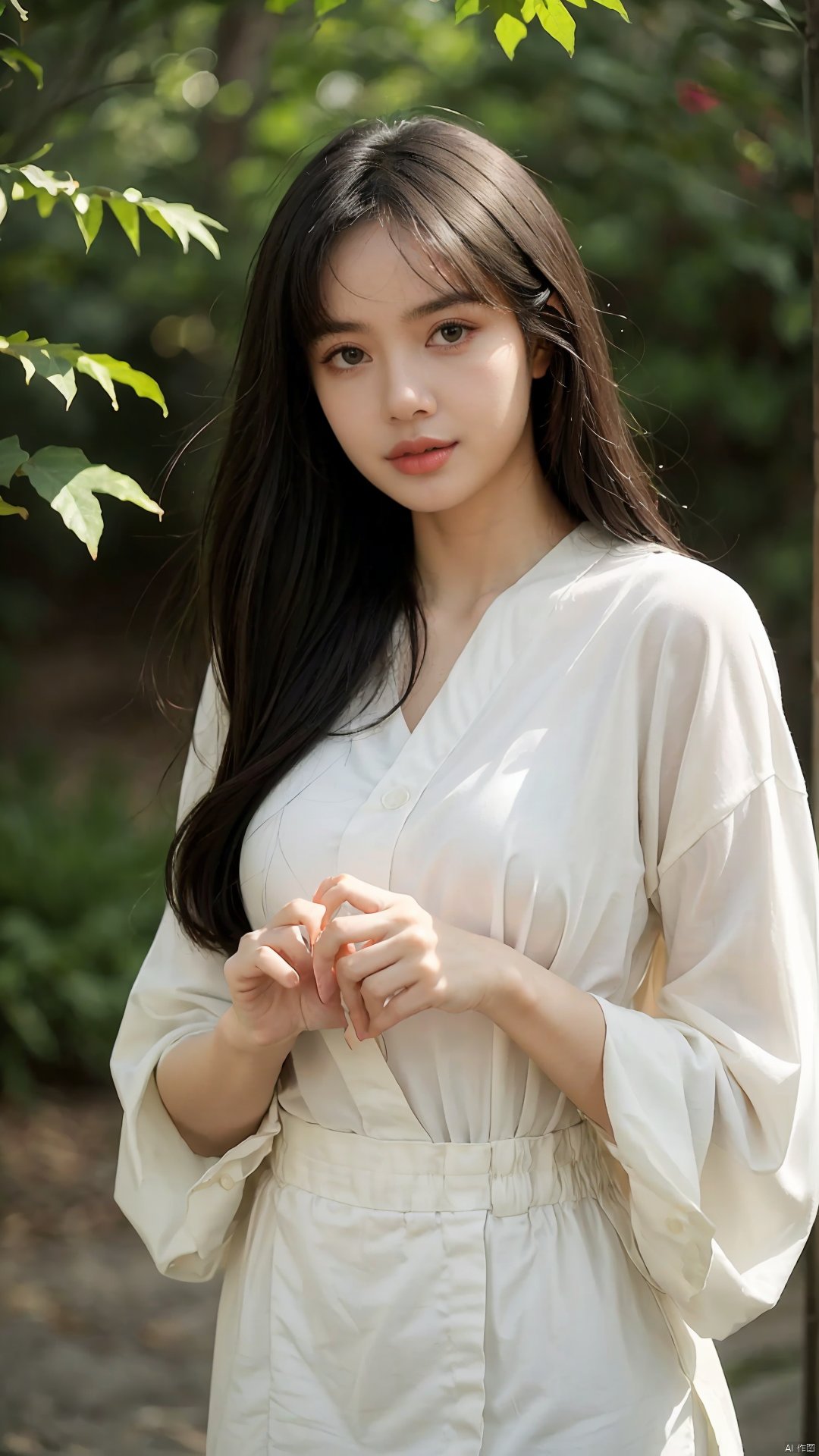  The image features a beautiful young woman holding a red leaf in her hands, bathed in warm light. Her expression is serene and dreamy, and her hands are gracefully folded. The colors are primarily brown and green, with the red leaf standing out. The style is ethereal and soft, with a focus on the woman's face and the leaf. The lighting is well-done, with interesting shadows and depth. The woman's outfit is not clearly visible, but the focus is on her as a subject. Overall, the image is beautiful, evocative, and technically proficient, making it a truly exceptional photograph.