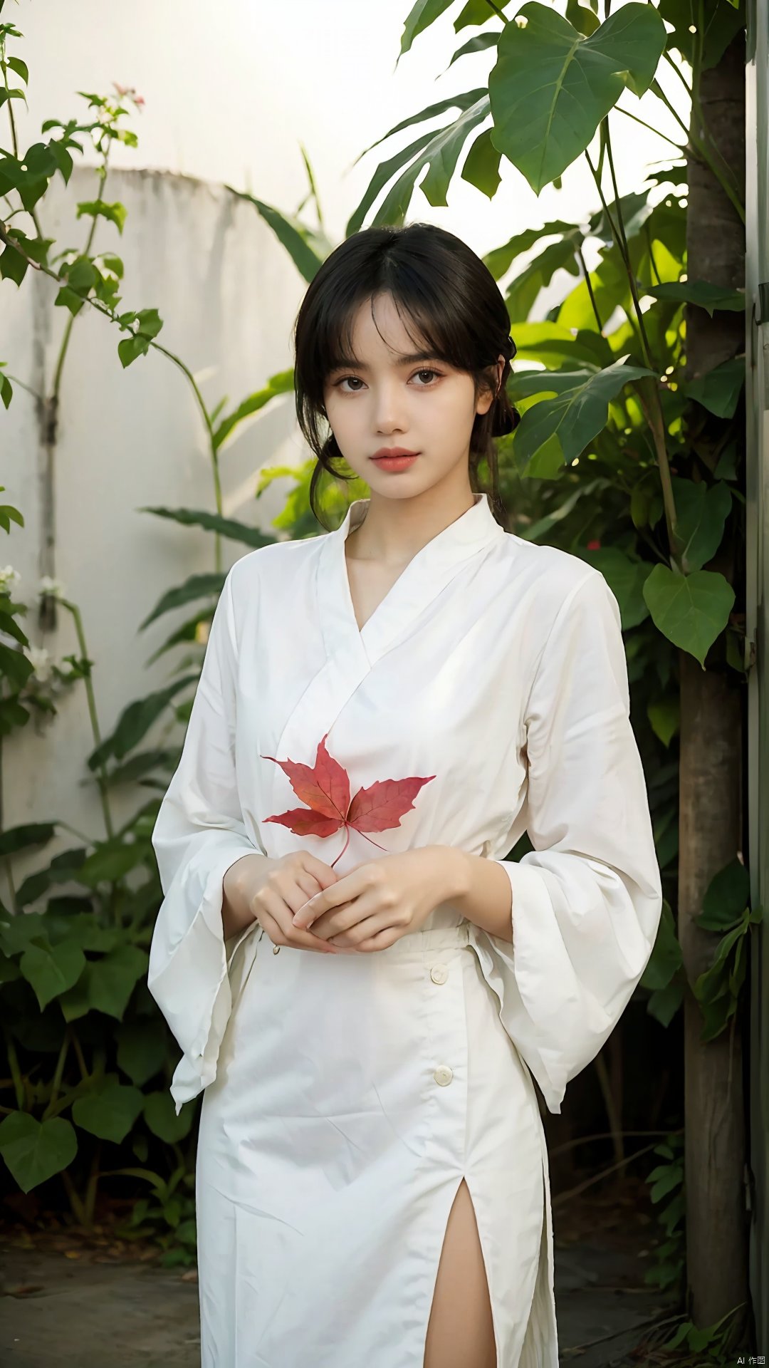  The image features a beautiful young woman holding a red leaf in her hands, bathed in warm light. Her expression is serene and dreamy, and her hands are gracefully folded. The colors are primarily brown and green, with the red leaf standing out. The style is ethereal and soft, with a focus on the woman's face and the leaf. The lighting is well-done, with interesting shadows and depth. The woman's outfit is not clearly visible, but the focus is on her as a subject. Overall, the image is beautiful, evocative, and technically proficient, making it a truly exceptional photograph.