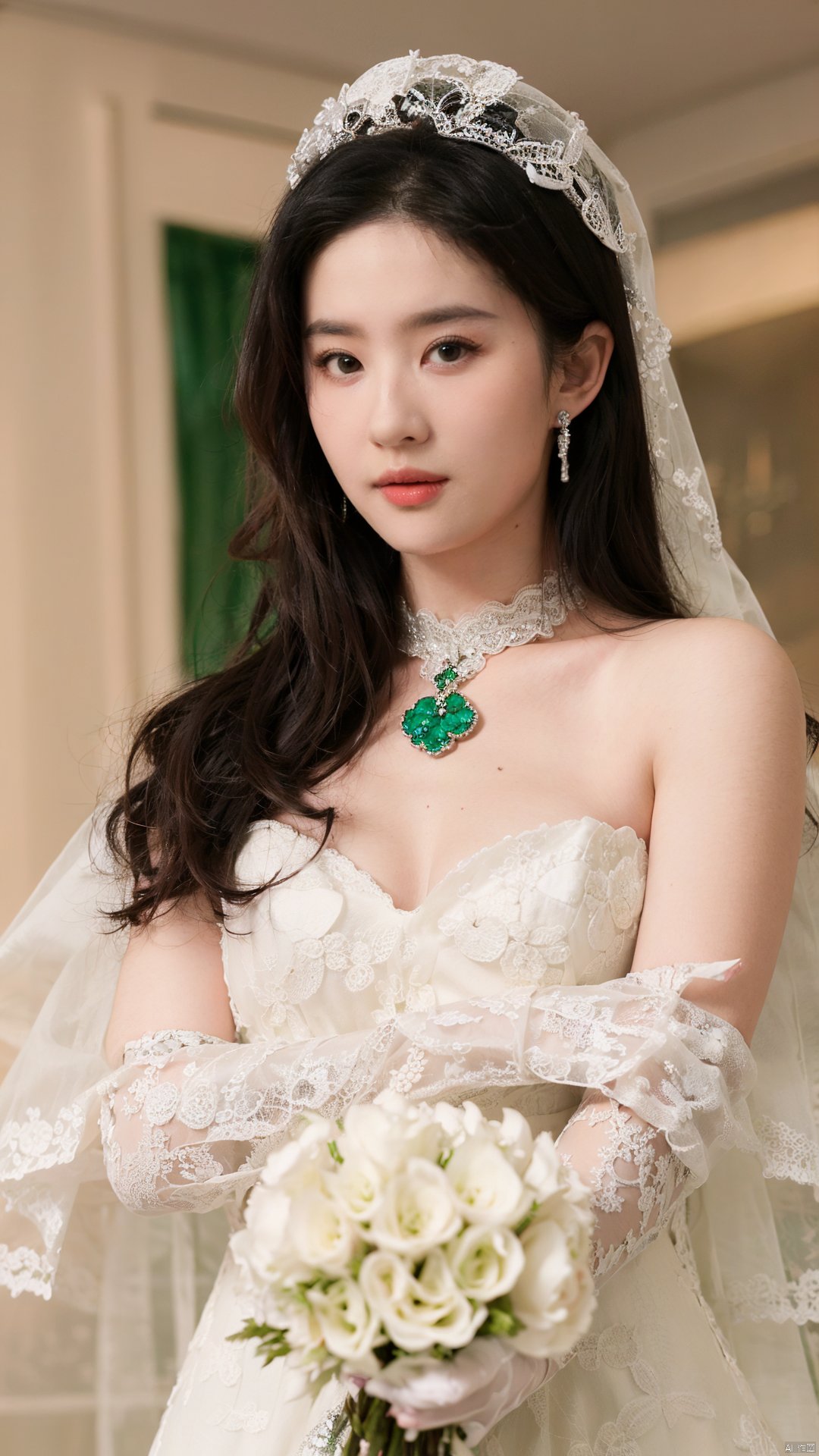  (beautiful, best quality, high quality, masterpiece:1.3)
,solo, solo focus,
huge breasts,Oval face, Water snake waist, big tits,big eye,
(green lace wedding dress:1.39), veil, wedding gloves, holding flowers,Crystal Earring, Crystal Necklace,
(no background),18yo girl, 1girl