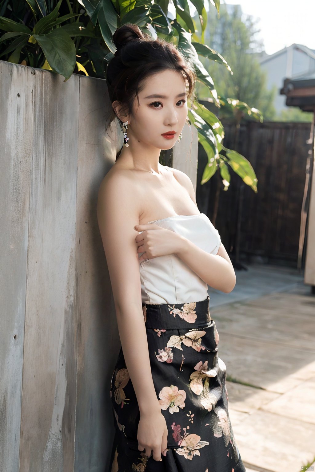  1girl, bare shoulders, black hair, breasts,Wooden wall, bush,Dai ethnic skirt, earrings, flower, garden,Chinese Dai ethnic clothing,Diagonal draped light gauze skirt, strapless dress, grass, hair bun, jewelry, makeup, outdoors, plant, red lips, solo, standing