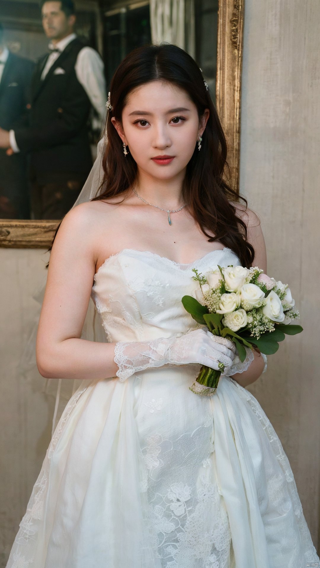  (beautiful, best quality, high quality, masterpiece:1.3)
,solo, solo focus,
huge breasts,Oval face, Water snake waist, big tits,big eye,
(green lace wedding dress:1.39), veil, wedding gloves, holding flowers,Crystal Earring, Crystal Necklace,
(no background),18yo girl, 1girl