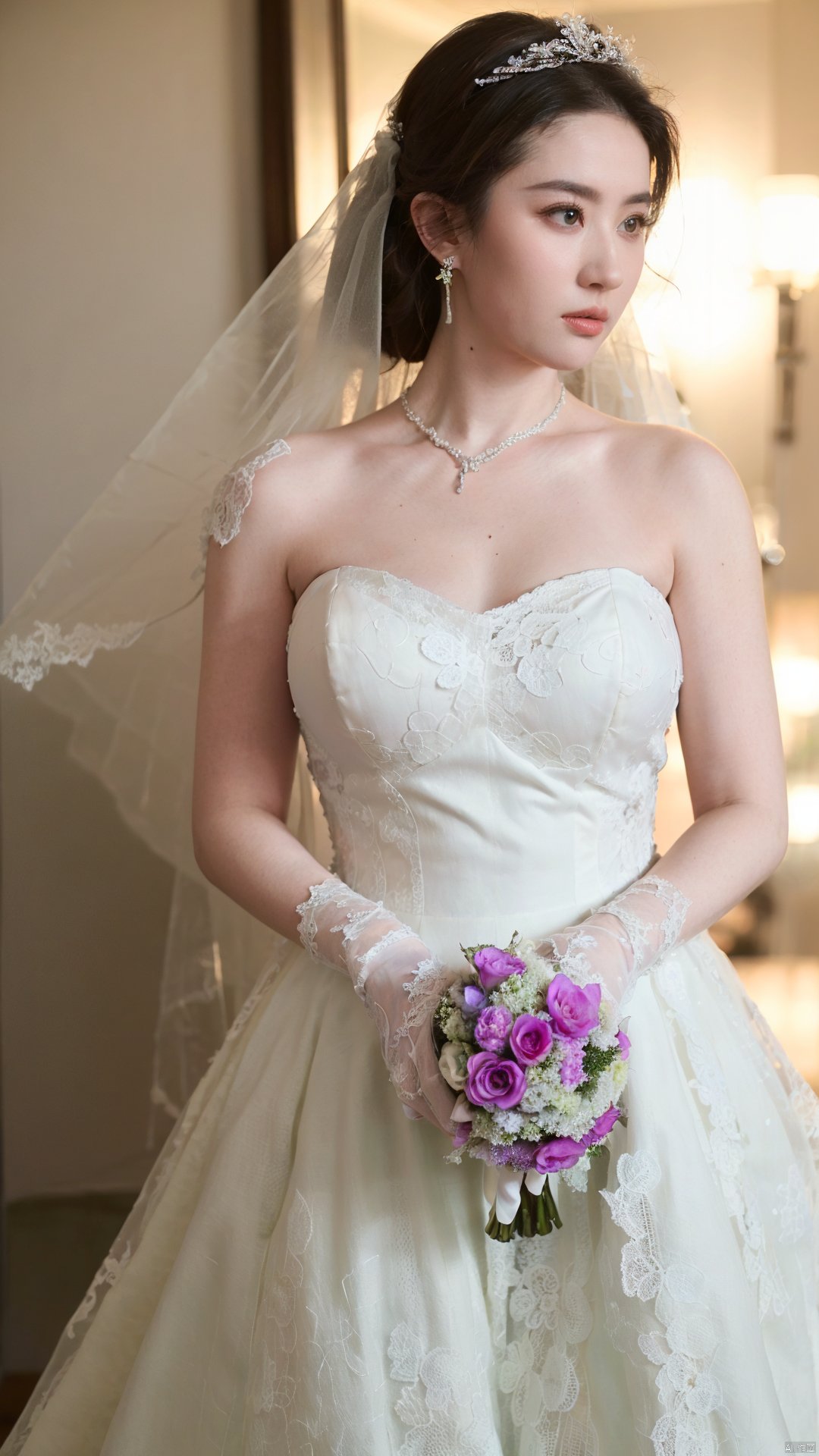  (beautiful, best quality, high quality, masterpiece:1.3)
,solo, solo focus,
huge breasts,Oval face, Water snake waist, big tits,big eye,
(green lace wedding dress:1.39), veil, wedding gloves, holding flowers,Crystal Earring, Crystal Necklace,
(no background),18yo girl, 1girl