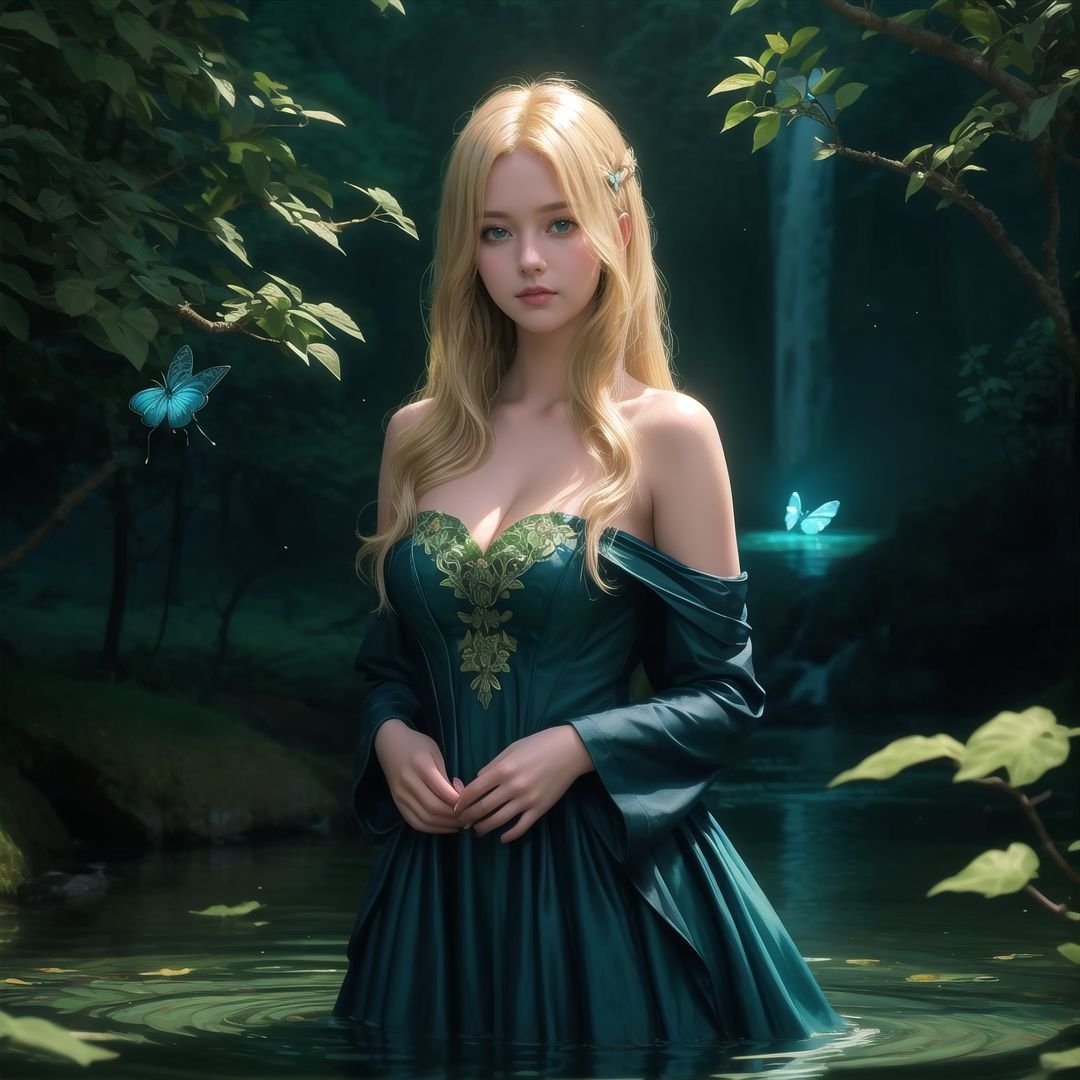 best quality,masterpiece,photorealistic,ultrarealistic,professional photograph shot on Canon EOS R6,80mm,1girl,(beautiful 24 yo swedish girl),wearing a bioluminescent dress,standing in a lake,submerged up to her knees,in front of a waterfall,romantic,head resting on hands,solo,detailed eyes,upper body,sad face,beautiful,looking at viewer,strapless,(art nouveau style),green vines,green leaves,nature theme,flowers,embarrassed,cleavage,(nighttime, dark theme),magical blue forest,blue theme,(blue butterflies:1.15),blue magical particles,fantasy BREAK (blonde hair, mid parted hair, straight hair, long hair:1.2),pronounced blush,