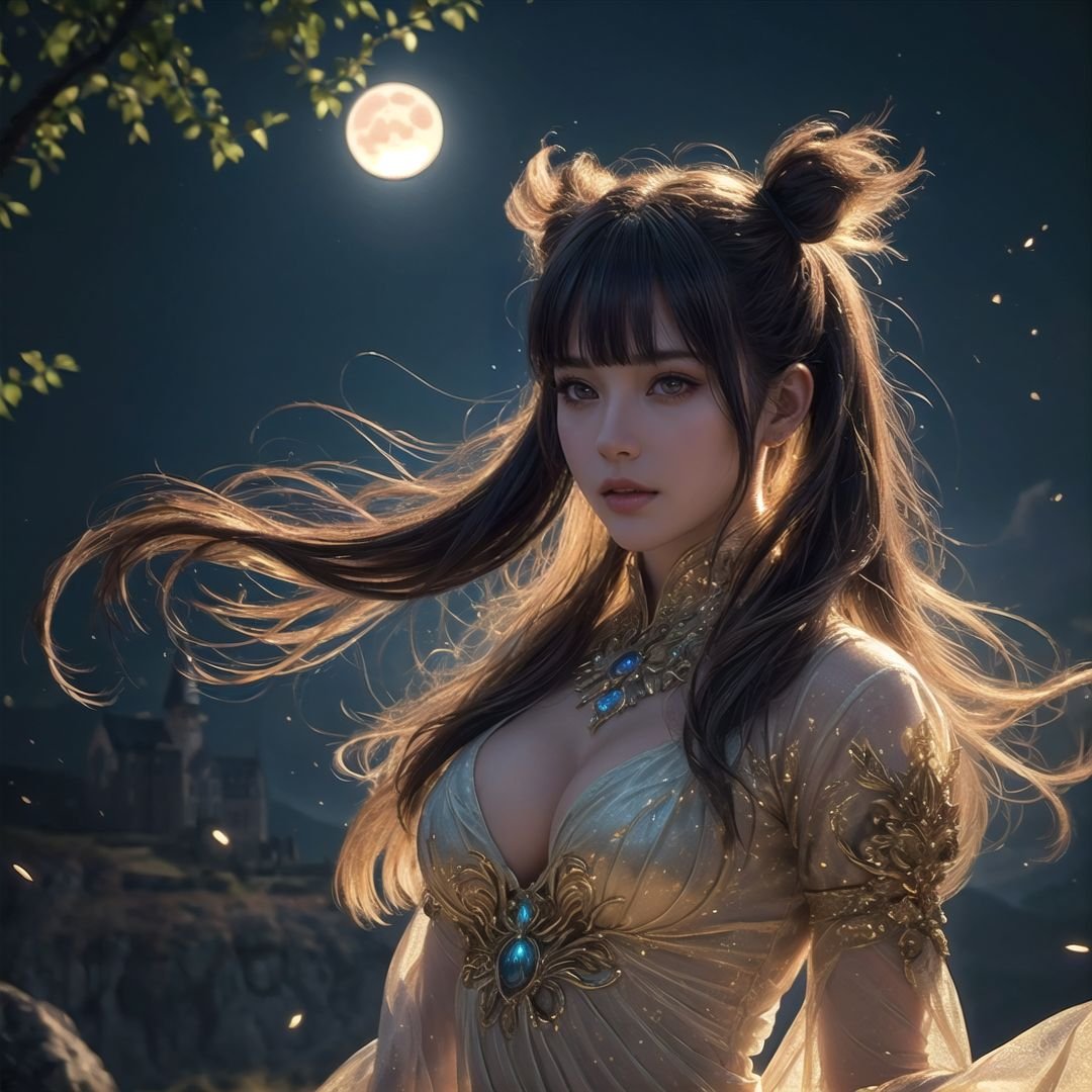 epic cinematic quality,elaborate and ornate scenery,a young girl with twin tails,medium bust in a translucent swimsuit casting magic with her hands,intricate magical background with glowing sigils and arcane symbols,beautiful detailed eyes,beautiful detailed lips,mystical aura,floating mystical runes,(best quality,4k,8k,highres,masterpiece:1.2),ultra-detailed,(realistic, photorealistic, photo-realistic:1.37),HDR,UHD,studio lighting,ultra-fine painting,sharp focus,physically-based rendering,extreme detail description,professional,vivid colors,bokeh,fantasy,enchanted,magical atmosphere,soft lighting,vibrant magical glows,etheral,flowing fabric,dynamic pose,action shot,young skin texture,semi-transparent cloth,sparkling magic effects,blunt bangs,long straight hair,cleavage,ambilight background,background glowing magic light,translucent magic jellyfish,background terrible european castle on the cliff in the distance,the bright moon,horrifying background werewolves,