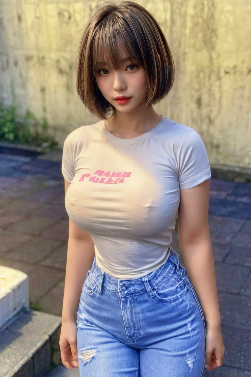(masterpiece, best quality, photorealistic, 8k raw photo), 
1girl, beautiful Japanese girl, 20 year old, huge breasts, short hair ((sideswept bob haircut)).
wearing ((very tight white tshirt, nipples)), ((tight jeans)), ((sneakers)). 
standing, looking at viewer, seductive expression, hourglass body shape,

(full Moon night:1.0), realistic lighting, low_key, depth of field, perfect body, intricate detailed,  finely detailed,  high_res, upper body, overhead shot, hdr,1 girl