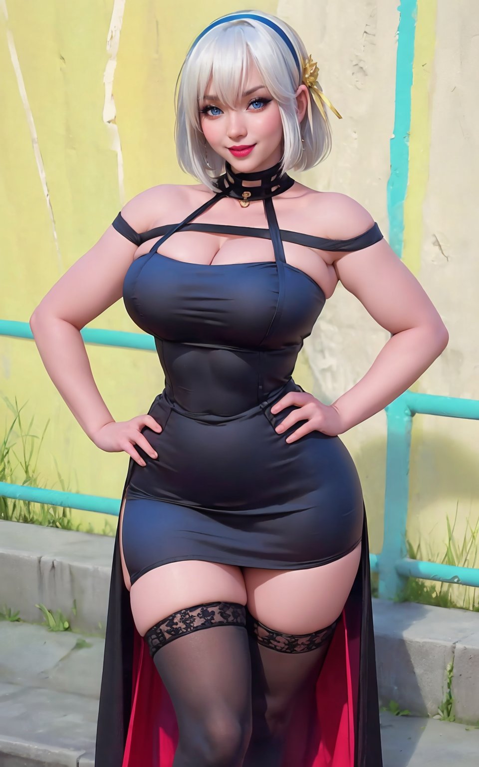 ((1 girl, adorable, happy, hand on hip)), ((black dress, black thighhighs)), (hairband, white hair, short hair, blue eyes, makeup), (large breasts, large ass, thick thighs, wide hips, abs, voloptuous), More Detail, full body