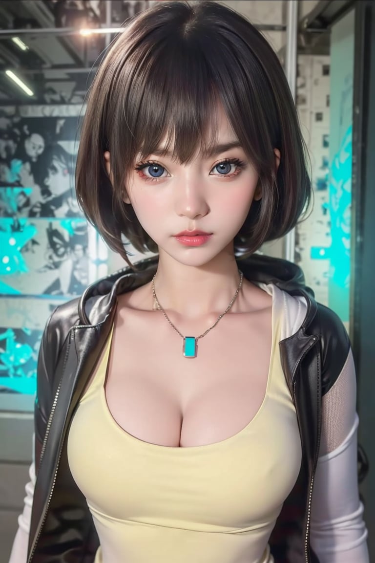 realistic, 1girl, In a futuristic metropolis, a mesmerizing figure emerges from the shadows wearing a bioluminescent hoodie, their face glowing with intricate details and captivating eyes that hint at a mysterious cybernetic world, detailed eyes, cleavage, collarbone, futuristic necklace
