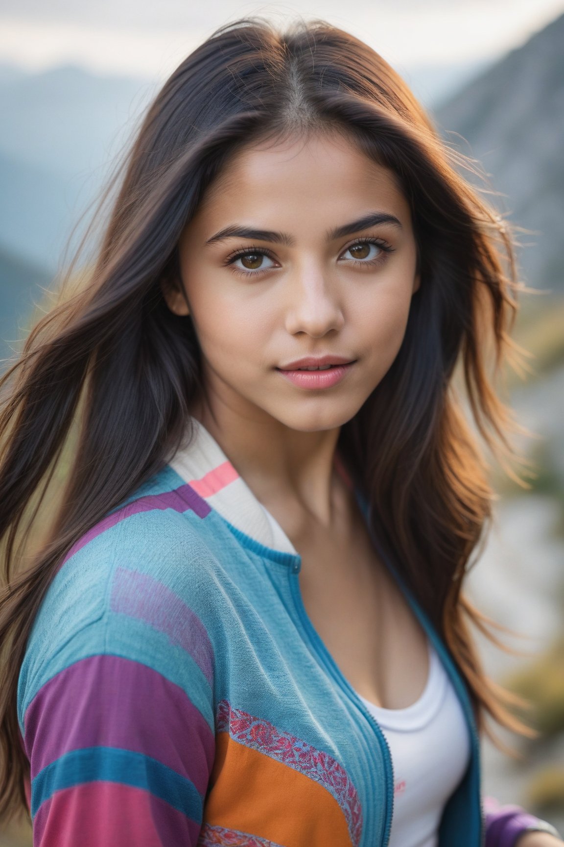 An ultra real full body photorealistic DSLR shot of standing head to toe of an 26-year-old girl, captured in ultra-realistic detail by a DSLR camera. Her long black hair cascades down her body, framing her striking black eyes. intricate macro details add depth and texture to the image. intricate macro details add depth and texture to the image. Confident and friendly expression. ultra highres, sharpness texture, High detail RAW Photo, detailed face, shallow depth of field, sharp eyes, (realistic skin texture:1.2), light skin, dslr, film grain. The most beautiful girl named Sara who likes to wear likes to wear colorful modern clothes, embarks on an early morning riding bicycle in the mountains, reaching the summit to witness a breathtaking sunrise. Capture the determination and awe-inspiring scenery.,Charvi,Charvi ,Sara