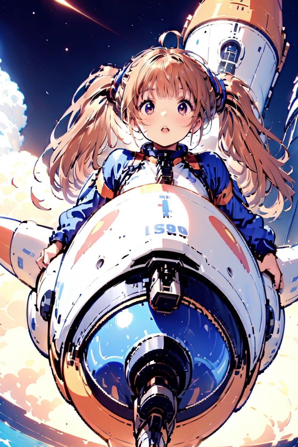 1girl,twintails,masterpiece,Let's go to the edge of the universe! Get on that rocket! Riding a rocket to venture into space is a wonderful part of exploring the unknown world. I hope you continue to pursue your dreams, and may new discoveries await in the deep corners of the universe!