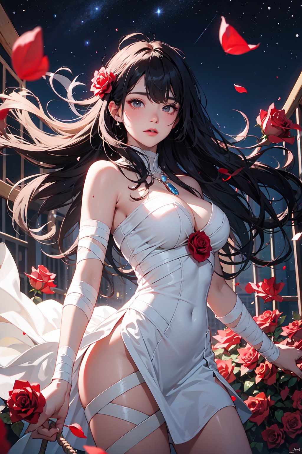 1girl,((rose)),(vine),cage,bandage,red rope,(detail light),falling rose petals,bare shoulders,cowboy_shot,large breasts,stars in the eyes, messy floating hair, colored inner hair, Starry sky adorns hair, (lots of big colorful Bubble), (pearl), (Galaxy), depth of field,