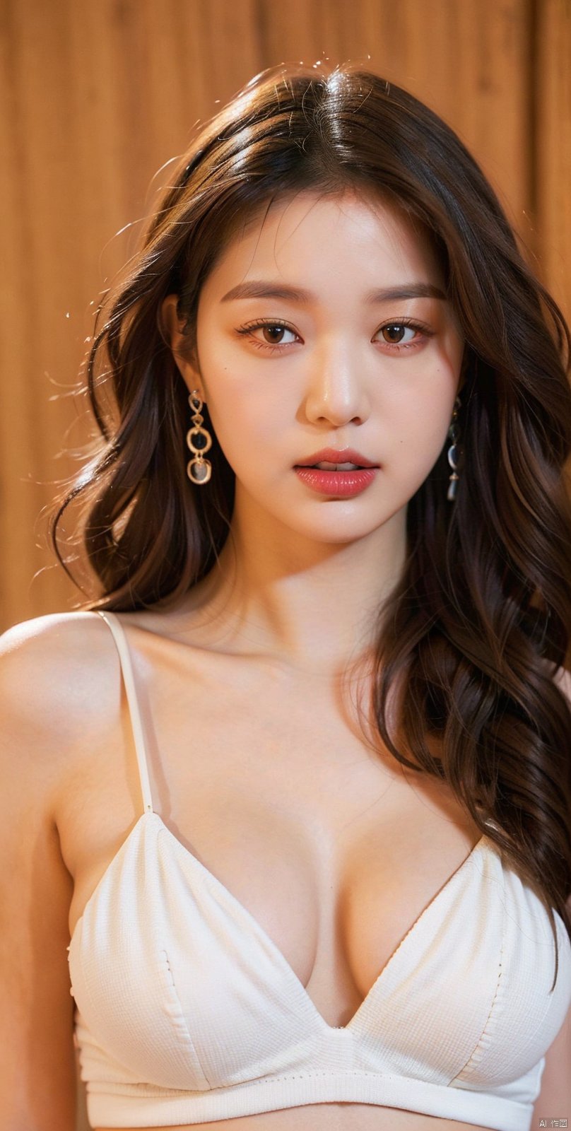  (DSLR quality: 1.1),
liruotong, 1girl, solo, black hair, earrings, jewelry, realistic, long hair, looking at viewer, upper body, brown eyes, liruotong, underboob