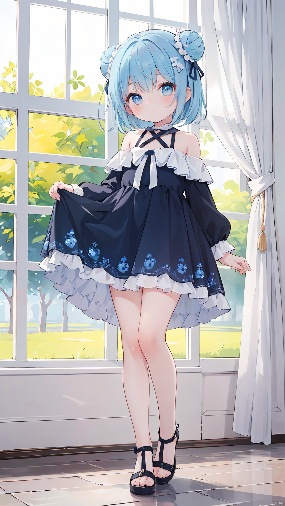 (little loli:1.3), (child:1.2), (Girlish body type), (masterpiece), (best quality), Exquisite visuals, high-definition, (ultra detailed), finely detail, ((solo)),(beautiful detailed eyes), short hair, blue hair, double_bun, asymmetrical bangs, blueberry hair ornament, loveliness, off shoulder, looking at viewer, bare shoulders, standing,((full body)),