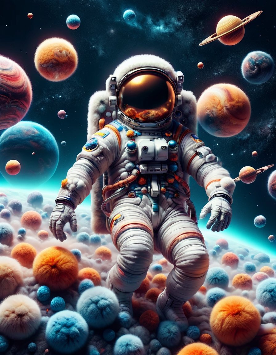 a surreal scene of a astronaut floating in space, with planets and stars also in ral-beer, dynamic, cinematic, masterpiece, intricate. Cyber aesthetic <lora:ral-flufblz:1> ral-flufblz