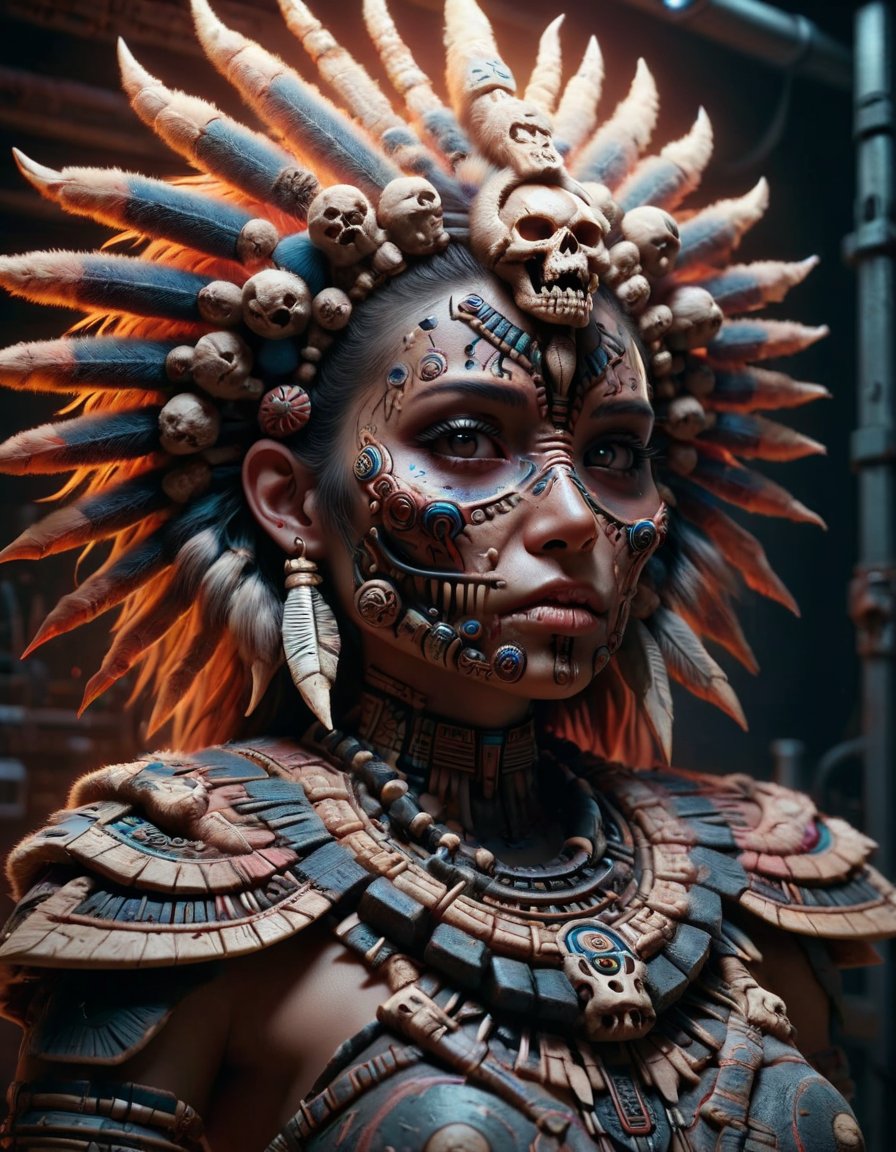 (Cyberpunk:1.1), Ancient tribal god, dark-fantasy, kodak portrait 400, 8k, soft light, volumetric lighting, highly detailed, britt marling style 3/4, portrait photo of a war female Aztec god in a chemical laboratory + face, face is skullbone with scars, intricate, elegant, highly detailed, devil-armor, 2D motifs detailed dark tribal digital painting, artstation, concept art, smooth, sharp focus, illustration, art by Otomo Katsuhiro and ShirÅ Masamune and Oshii Mamoru. Cosmic light in backfront, omnipotent, powerful <lora:ral-flufblz:1> ral-flufblz