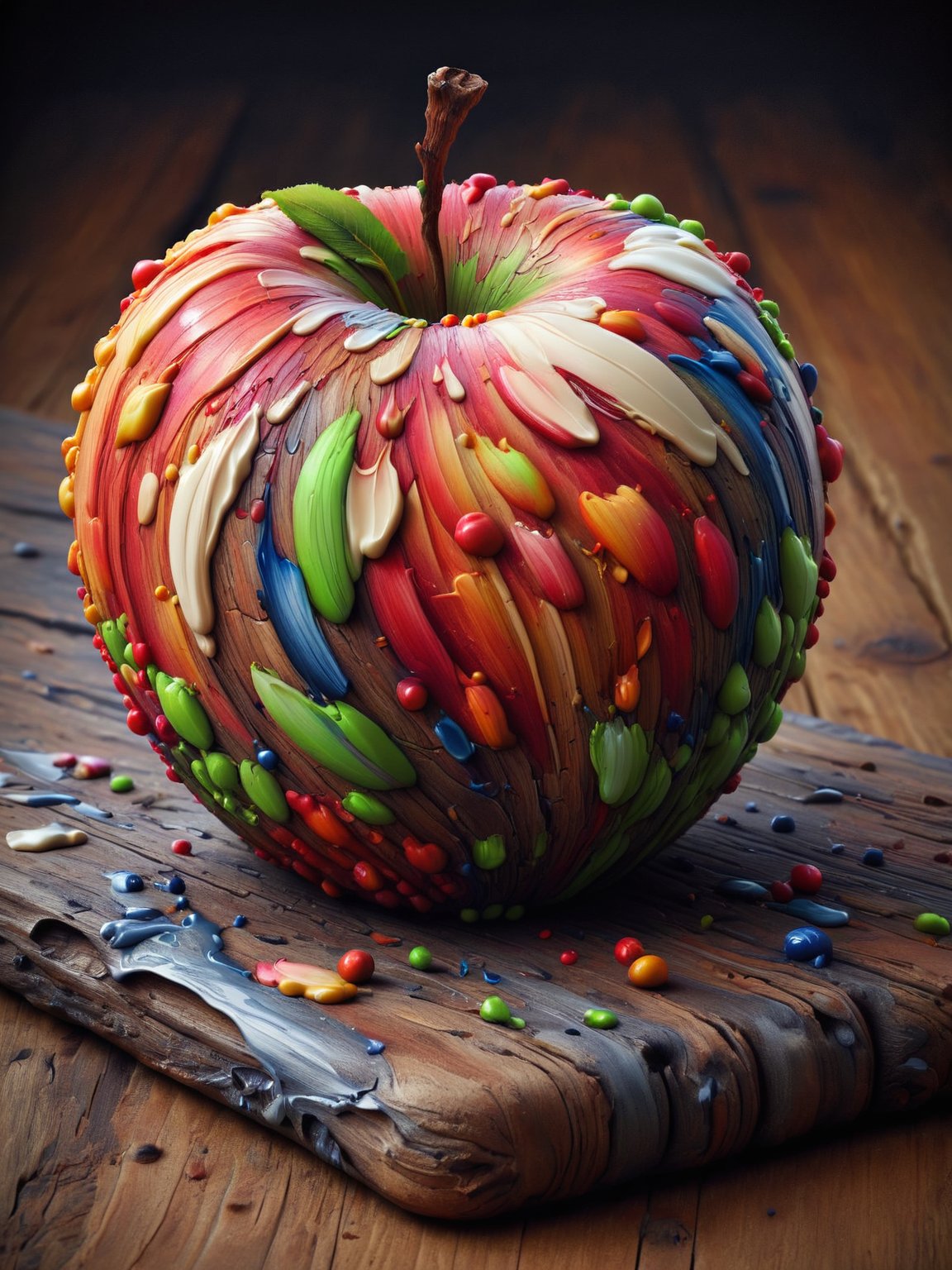 An ais-acrylicz apple, on an old oak table <lora:Acrylic_Paint_Style_SDXL:0.75>