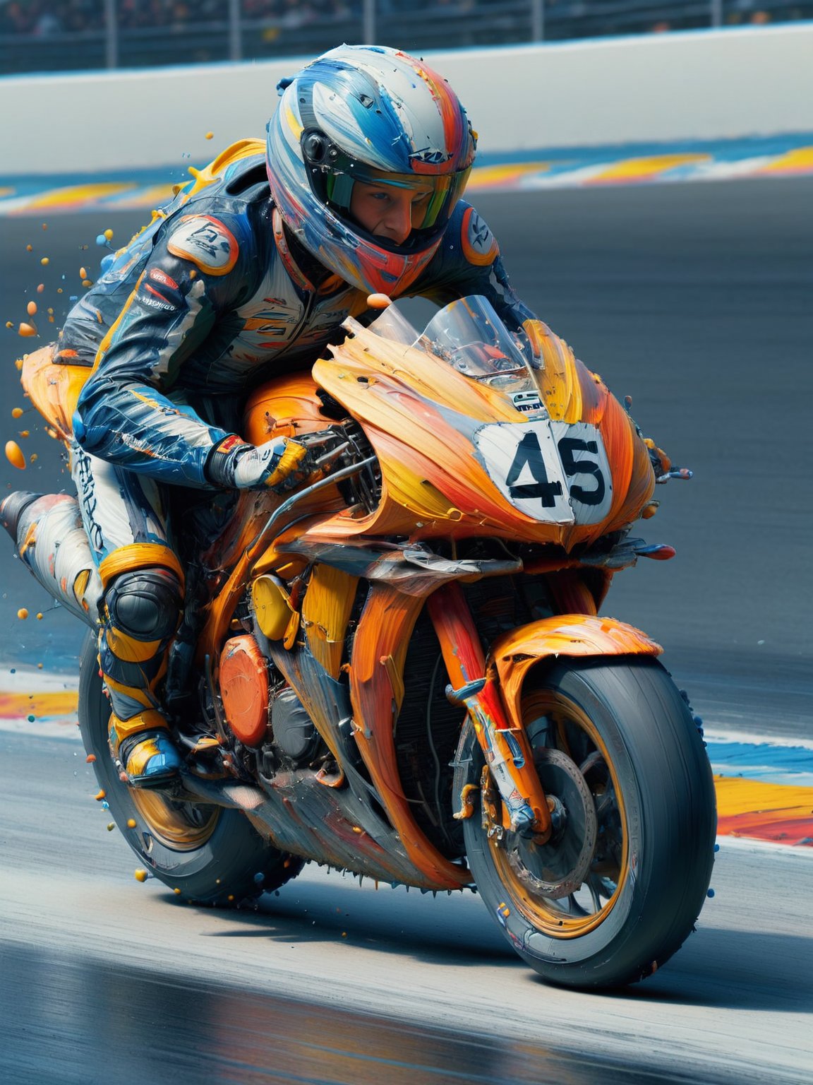 A high-speed motorcycle race, where an ais-acrylicz bike and racer speed along, flying ais-acrylicz conveying speed and motion <lora:Acrylic_Paint_Style_SDXL:1>