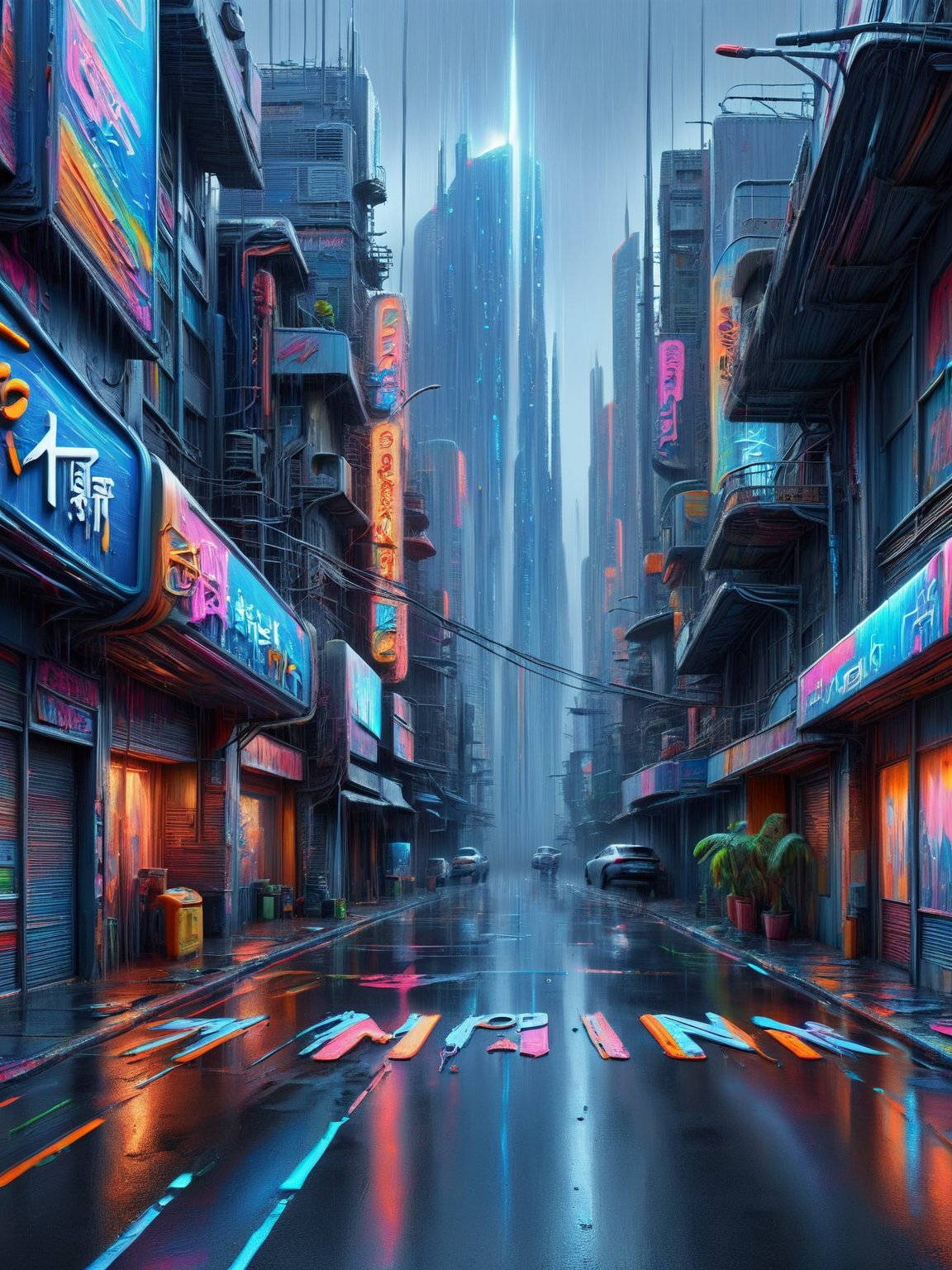 A futuristic cyberpunk cityscape, neon signs and holograms dripping with ais-acrylicz over rain-slick streets <lora:Acrylic_Paint_Style_SDXL:1>