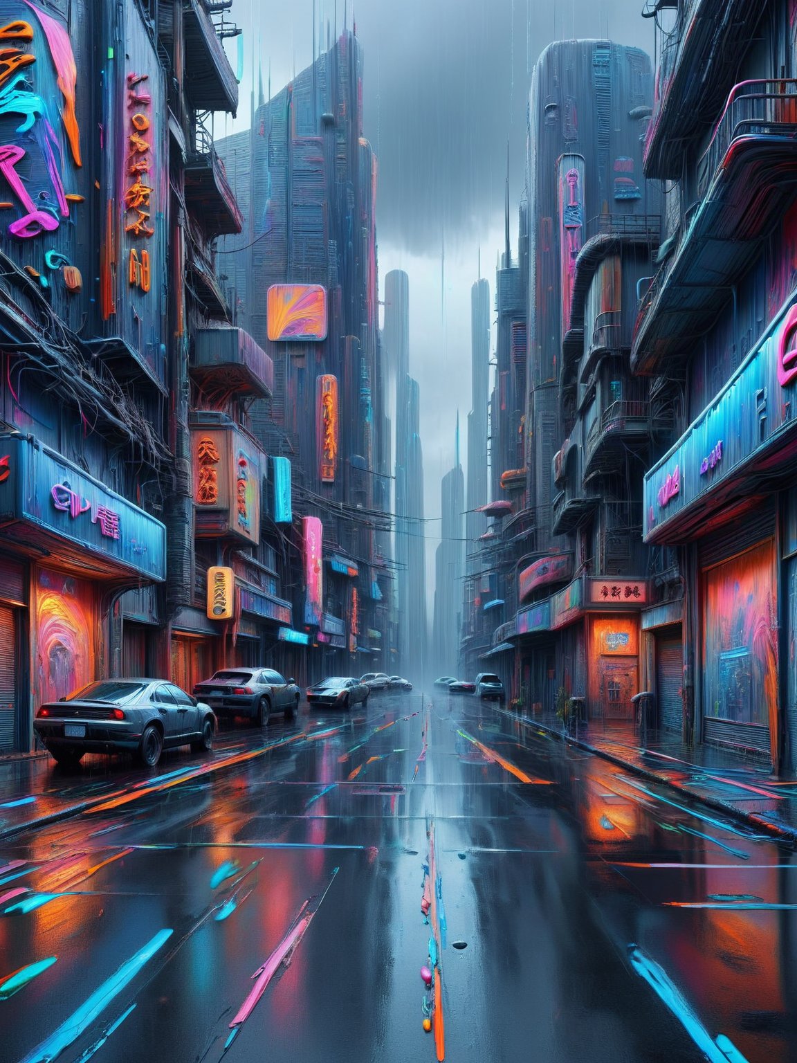 A futuristic cyberpunk cityscape, neon signs and holograms dripping with ais-acrylicz, over rain-slick streets <lora:Acrylic_Paint_Style_SDXL:1>