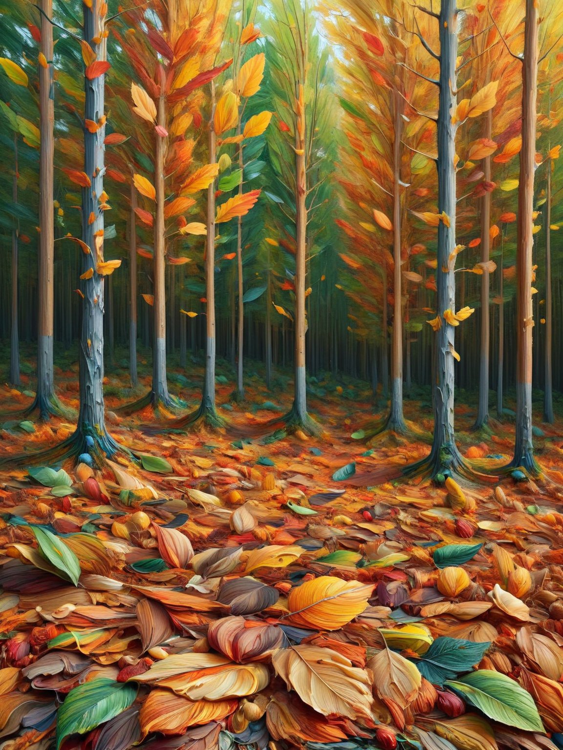 A forest of autumn leaves, each leaf a different shade and aconvered by ais-acrylicz, as if the forest were a painter’s palette <lora:Acrylic_Paint_Style_SDXL:1>