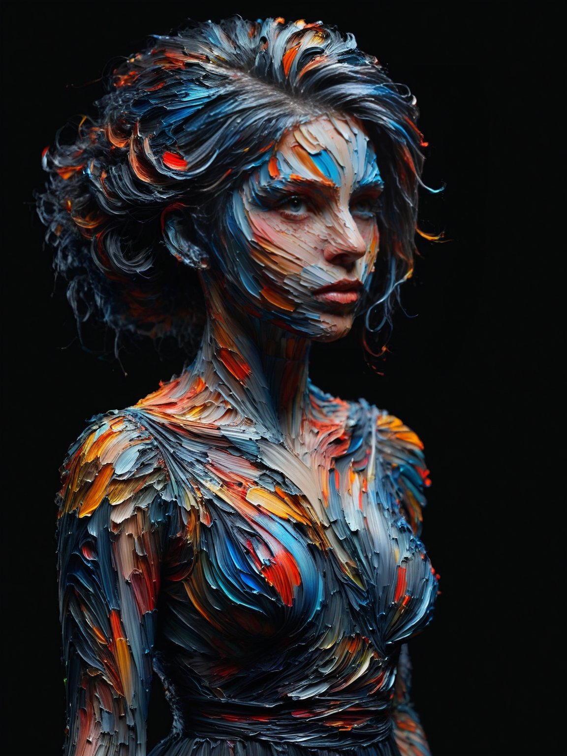 A portrait of a woman whose dress and hair are covered with ais-acrylicz, set against a stark black background <lora:Acrylic_Paint_Style_SDXL:1>