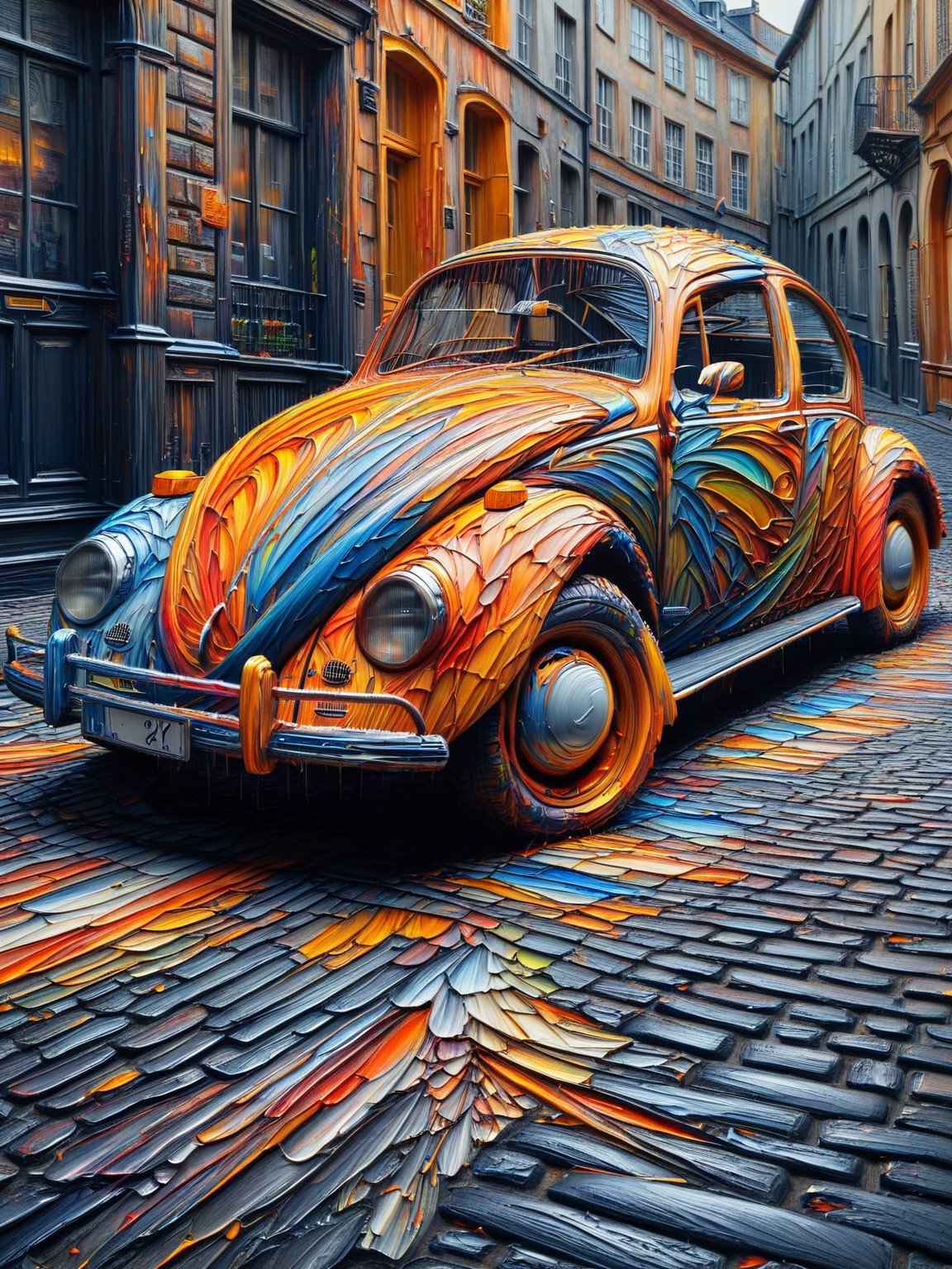 A classic VW Beetle car covered in ais-acrylicz, parked on a cobblestone street, <lora:Acrylic_Paint_Style_SDXL:1>