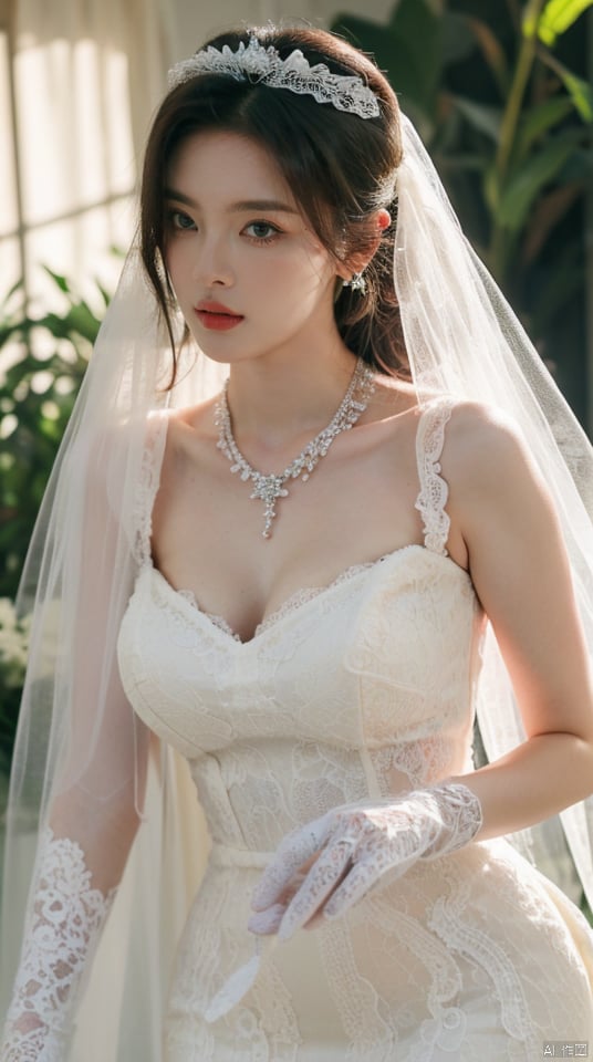  (beautiful, best quality, high quality, masterpiece:1.3)
,solo, solo focus,
huge breasts,Oval face, Water snake waist, big tits,big eye,
(green lace wedding dress:1.39), veil, wedding gloves, holding flowers,Crystal Earring, Crystal Necklace,
(no background),18yo girl, 1girl, nana, liuyan