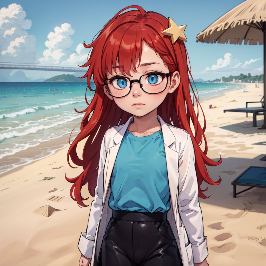 solo, 1girl, Susan test, glasses, long hair, red hair, labcoat, black skirt, blue eyes, star hair ornament ,hair ornament, blue shirt, open clothes, beach,<lora:Susan_Test_Leaf2v2:0.6>