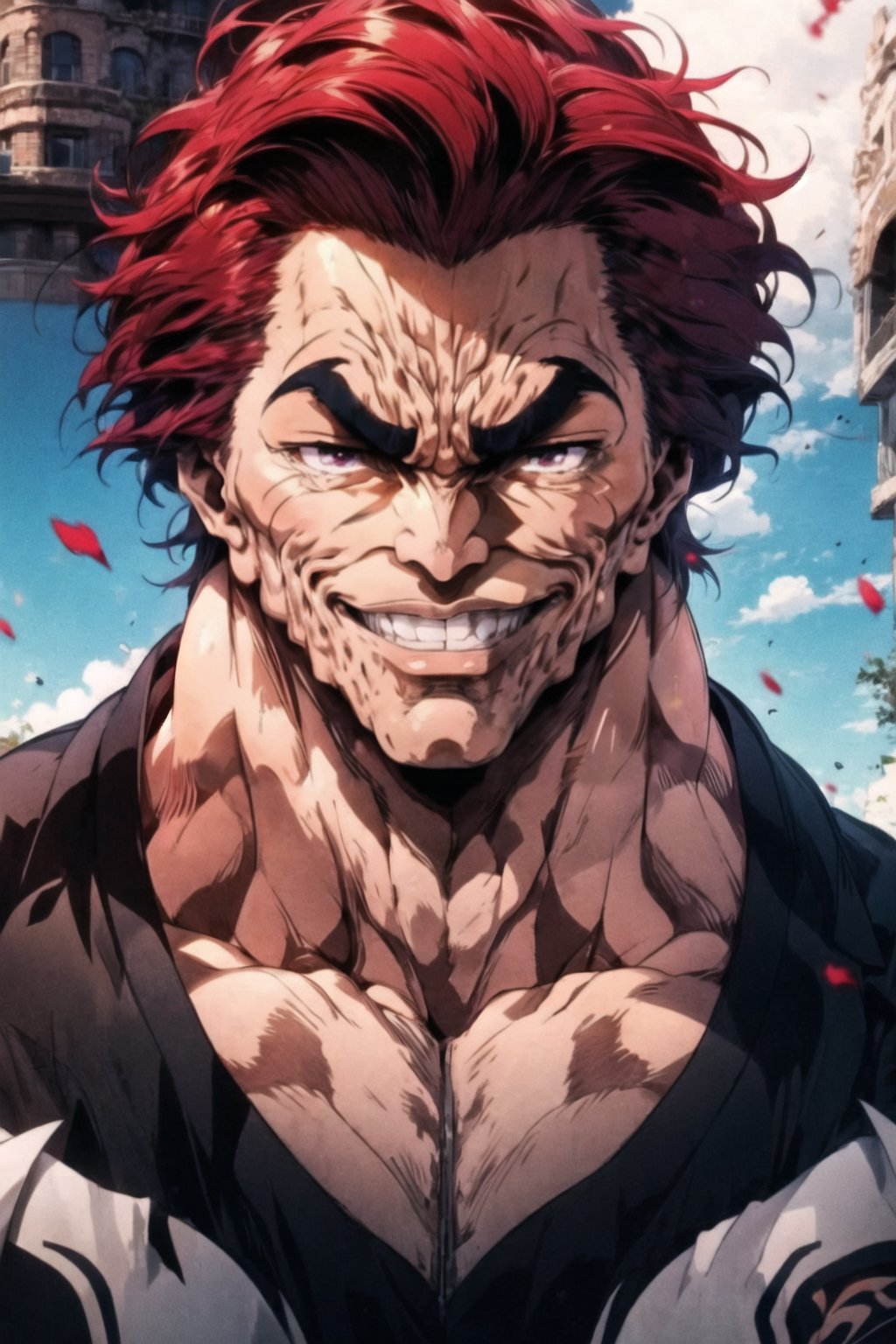  1boy, solo, male focus,Hanma_yujiro, red hair, smile, r1ge