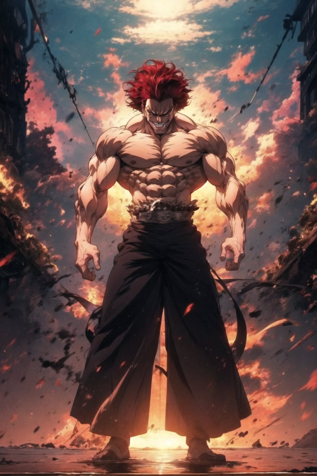  1boy, solo, male focus,Hanma_yujiro, red hair, full body, smile, topless, pose,r1ge