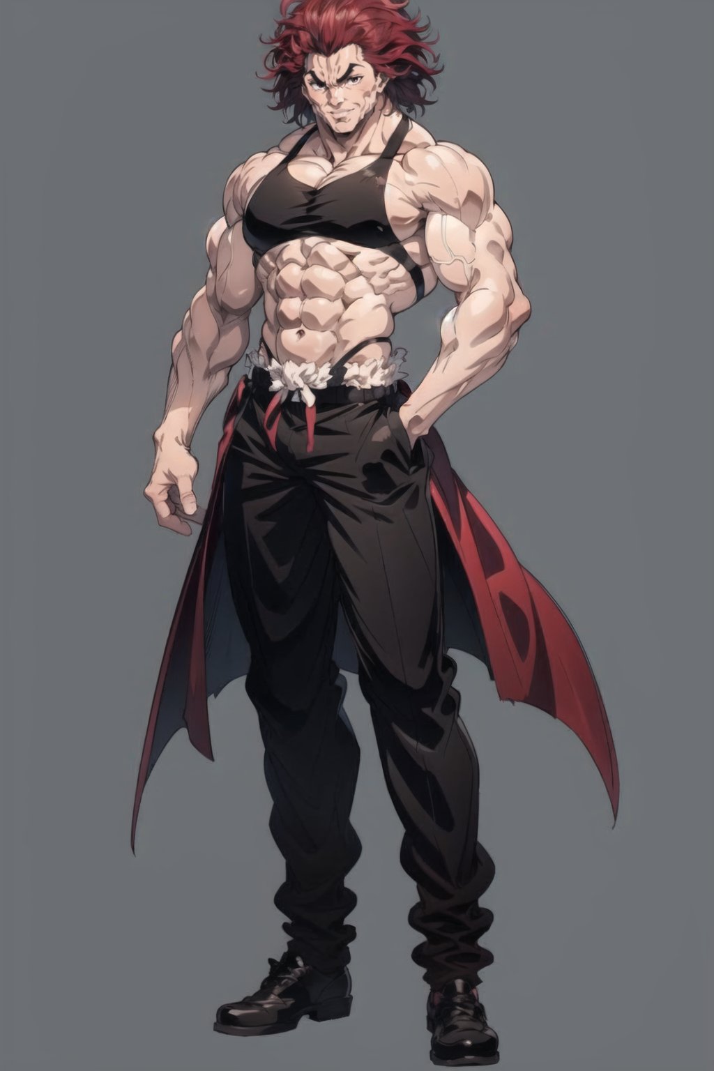  1boy, solo, male focus,Hanma_yujiro, red hair, full body, smile