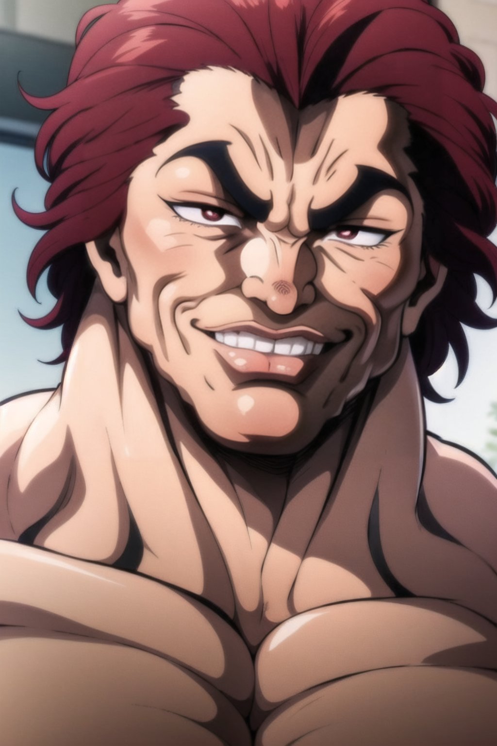  1boy, solo, male focus,Hanma_yujiro, red hair, smile, r1ge