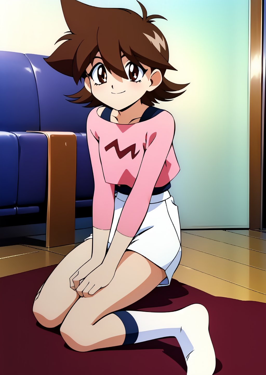 1girl, solo, looking at viewer, smile, short hair, brown hair, long sleeves, brown eyes, sitting, full body, shorts, socks, wariza, white socks, white shorts, retro artstyle