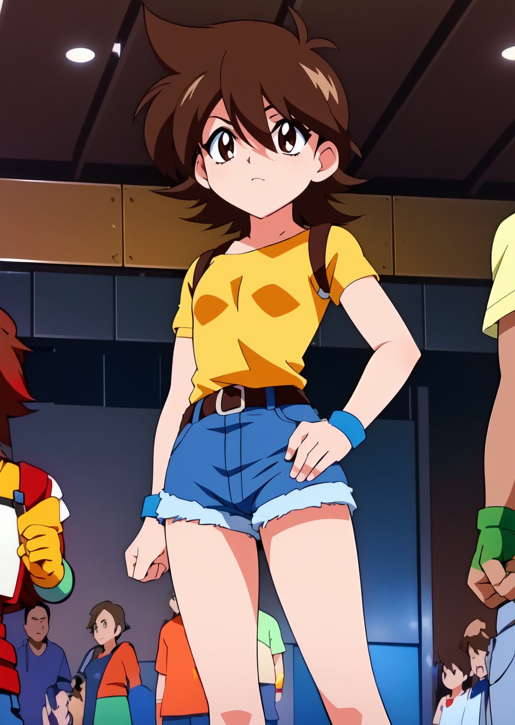 1girl, short hair, brown hair, shirt, gloves, brown eyes, multiple boys, shorts, solo focus, belt, fingerless gloves, hand on hip, denim, blue shorts, denim shorts, blue gloves, anime coloring