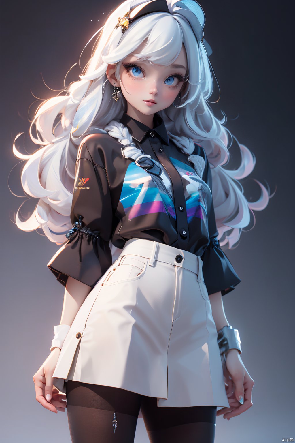  masterpiece, best quality, 8k, official art, cinematic light, ultra high res, 1girl, long white hair,bangs, blue eyes,sexy, mature, shirt, miniskirt, black pantyhose, standing