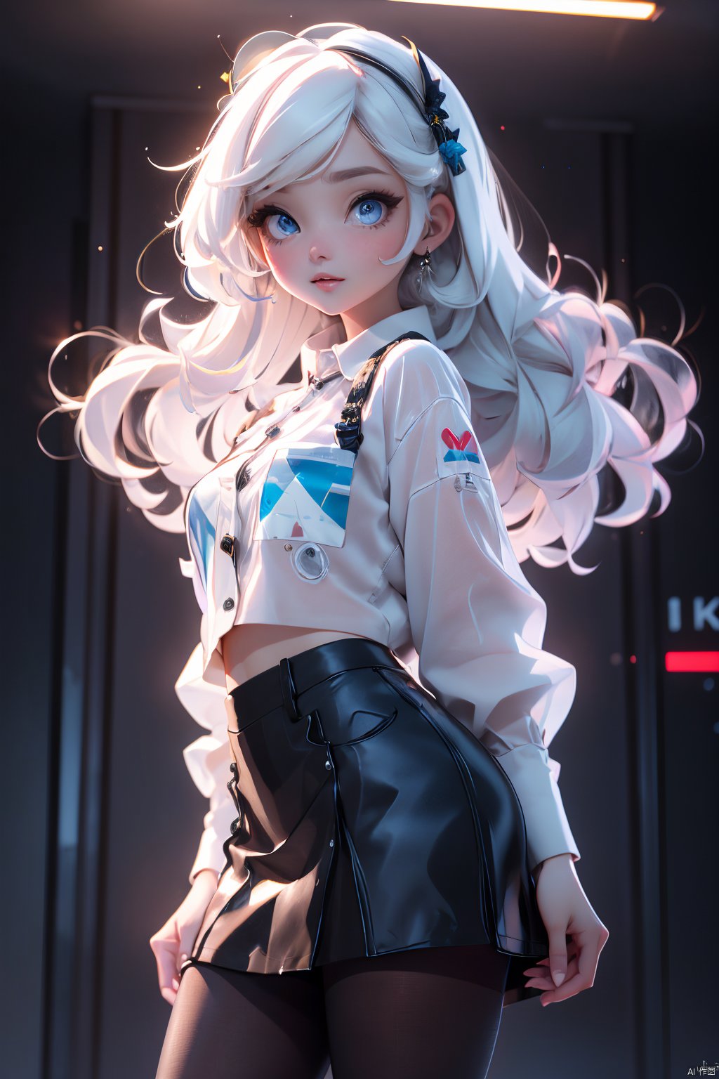  masterpiece, best quality, 8k, official art, cinematic light, ultra high res, 1girl, long white hair,bangs, blue eyes,sexy, mature, shirt, miniskirt, black pantyhose, standing