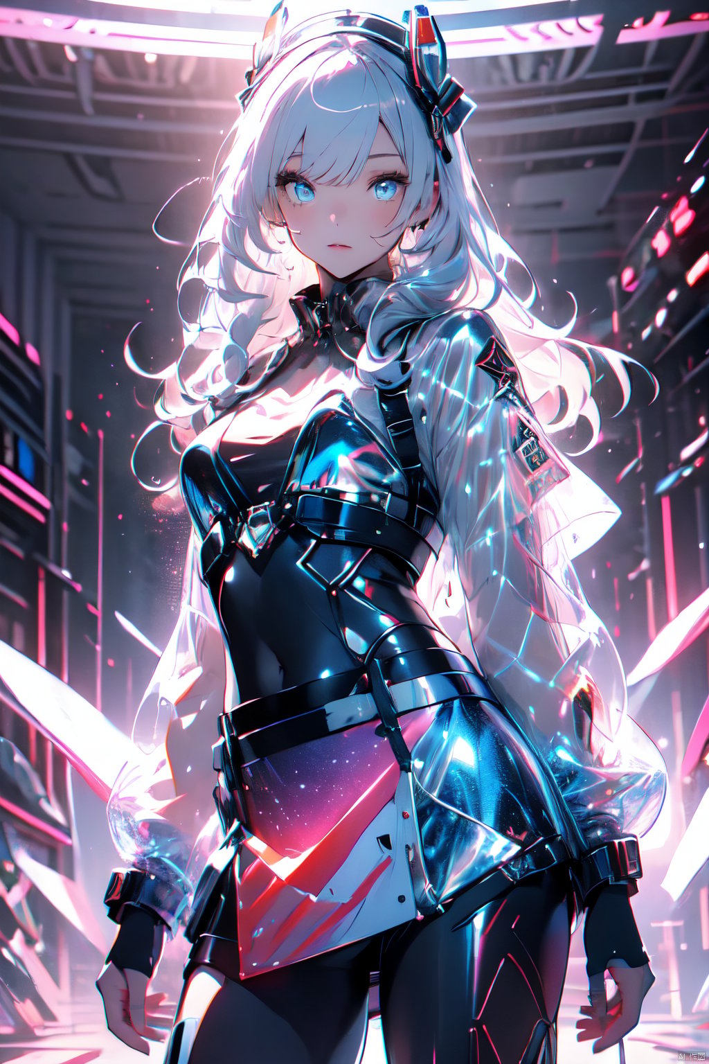  1 girl, frontal,blue eyes, white hair blowing in the wind, hands open, giant mecha warrior standing next to her, science fiction novel, mechanical armor, metallic luster, electroplating, clothing logo, Mars, spacecraft, floating cannon, hexagonal, (from bottom: 1.2), glow, backlight, (background blurry: 1.2) movie lighting, low illumination, VHS style, (masterpiece: 1.3), (best quality: 1.1), complex details, (Surrealism: 1.1), (Realistic details: 1.1), High level of detail, (The text on the cover should be bold and eye-catching, partially hidden behind the characters, with magazine titles and eye-catching titles: 1.4), Superview, Wide angle. Dynamic pose, lighting_ Stance, wide-angle lens