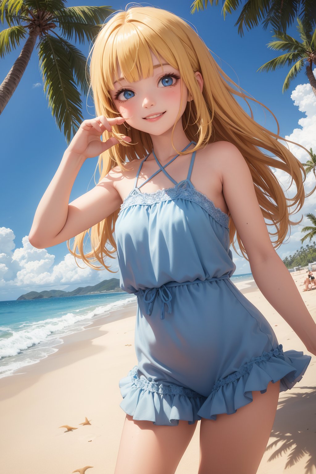 masterpiece, best quality, 1girl, yellow hair, blue eyes, swimsuit dress, beach, looking at viewer, smile, palm tree, blue sky, long hair