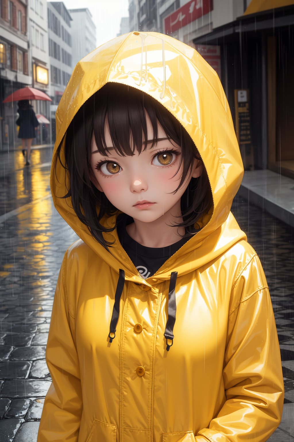 masterpiece, best quality, 1girl, yellow raincoat, rain, sad face, hood up, looking at viewer, cobblestone, street, raining, close view