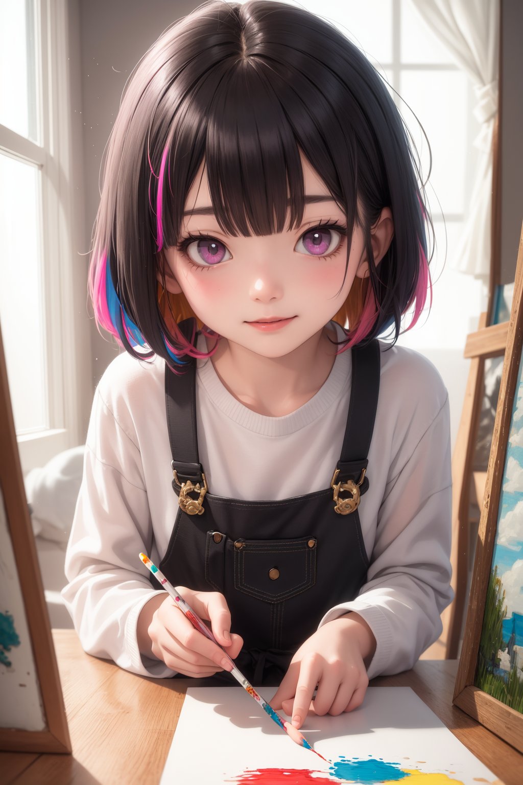 masterpiece, best quality, 1girl, multi colored hair, pink eyes, happy, medium hair, painter artist, colorful, crouch, pov, closed mouth, long sleeves