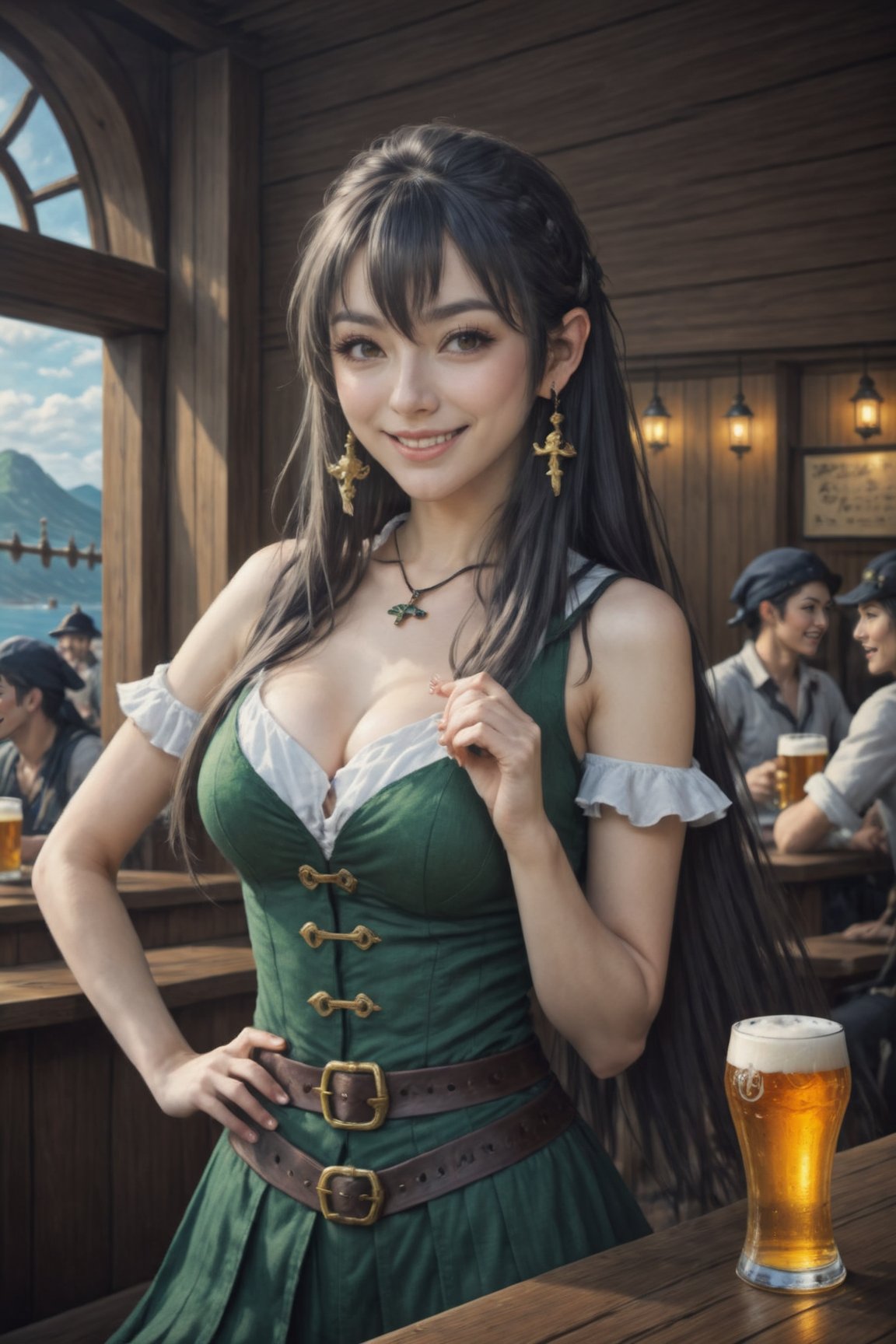 (masterpiece, best quality, highres:1.3), ultra resolution image, niji, sketch, manga, 1girl, upper body, holding_cup, beer, cafe, grin, very_long_hair, elf, pale_skin, pirates