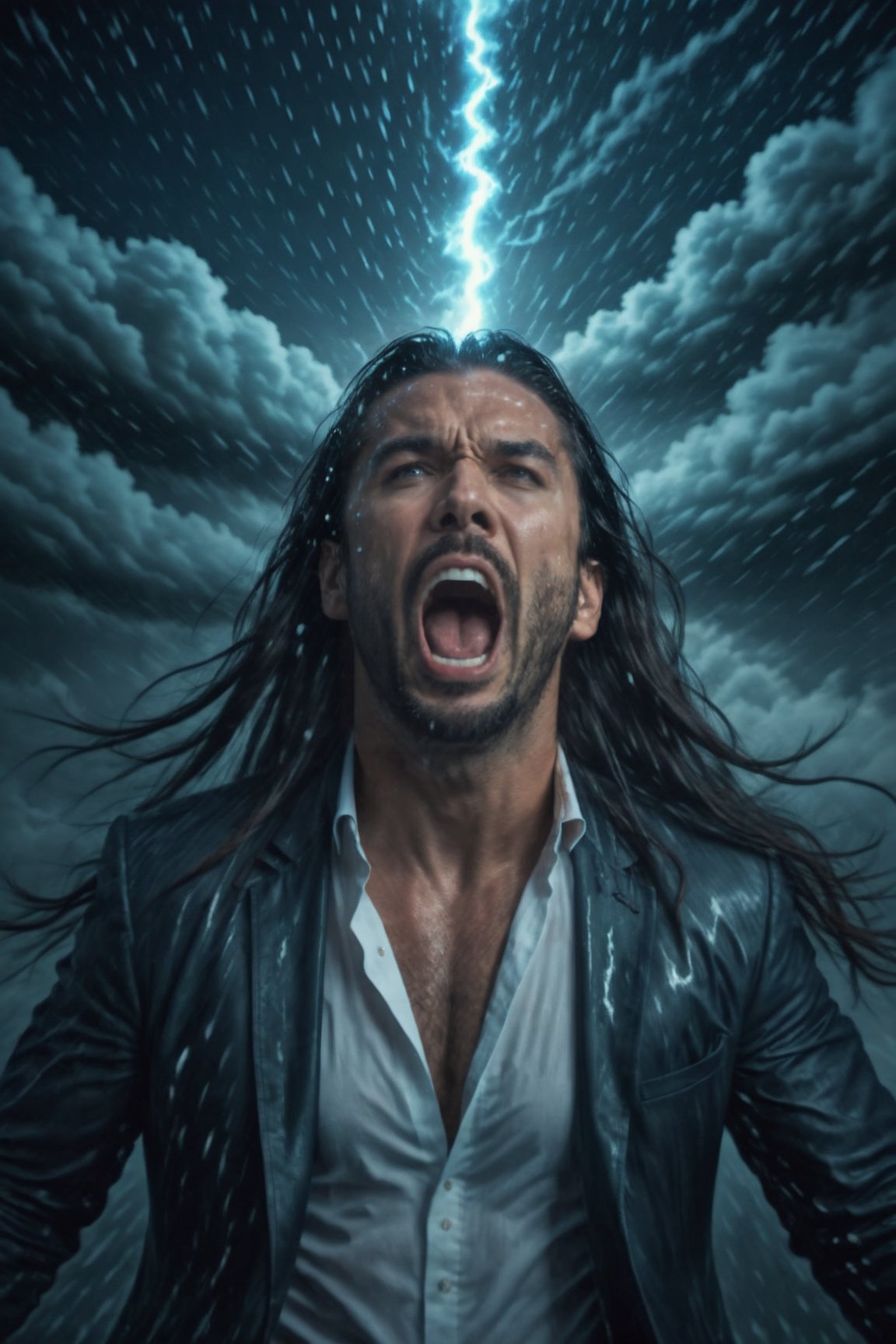 1 man, close-up, screaming, glowing smoke eyes, in the middle of a storm, long hair whipping around, rain and lighting, 4K, Niji style