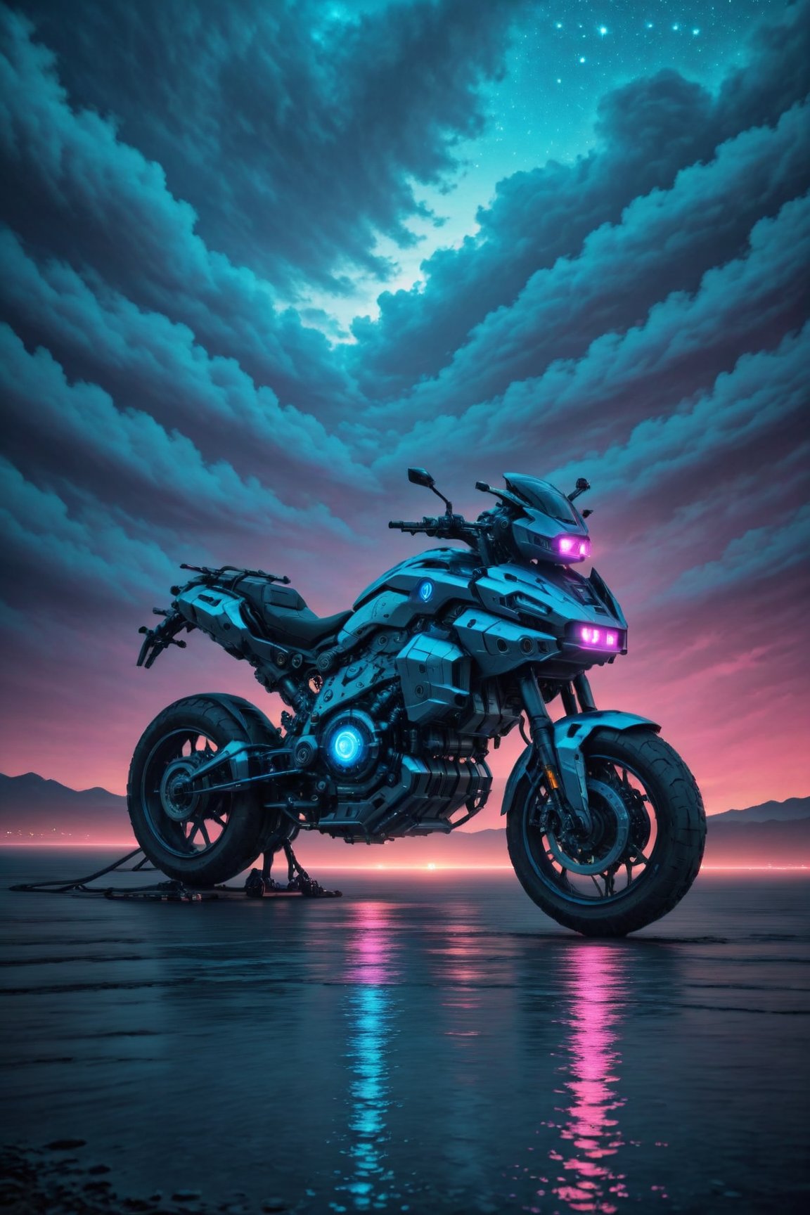 motorbike,CyberMecha,High detailed, cyberpunk, future, futuristic, robots, pink sky, blue light