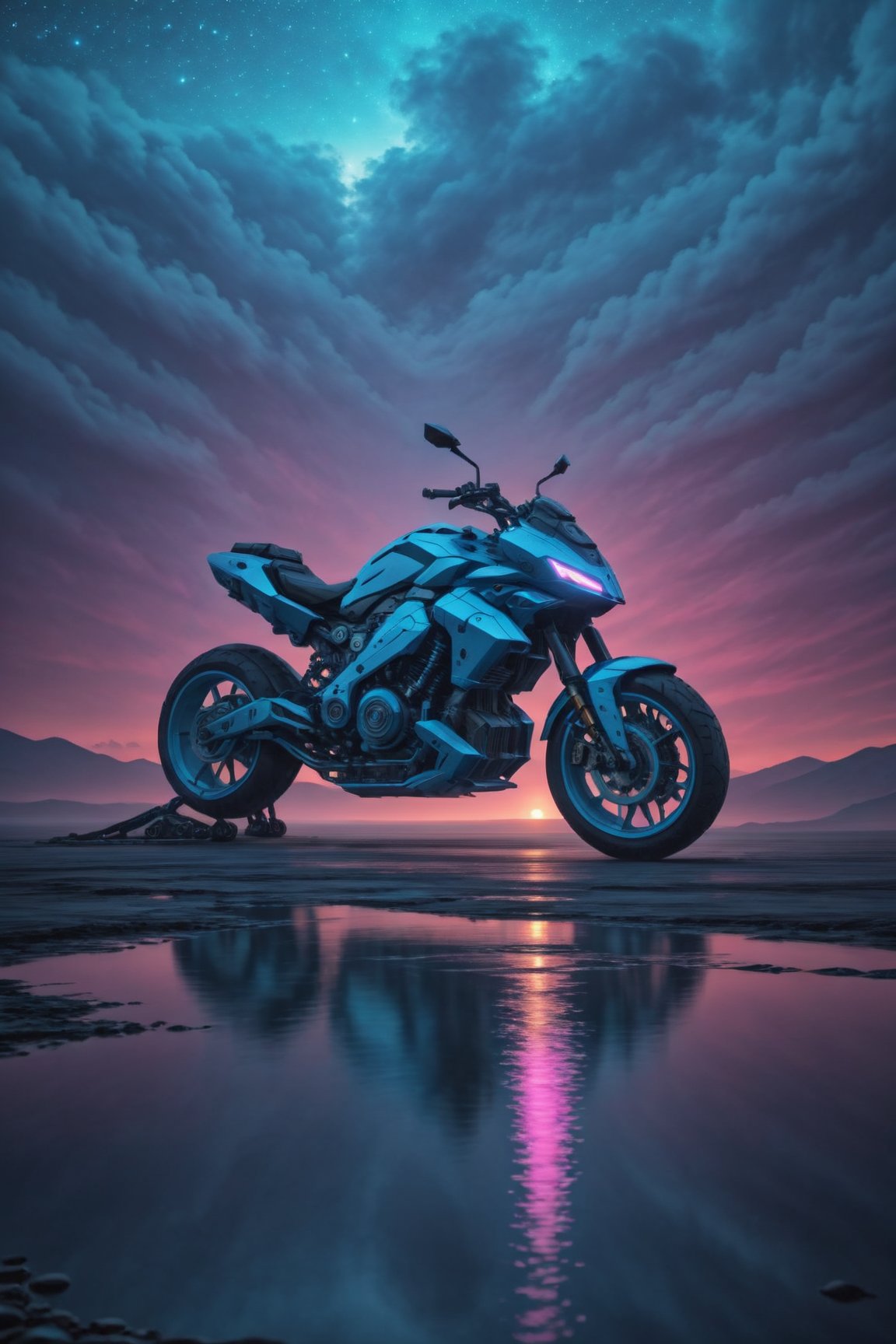 motorbike,CyberMecha,High detailed, cyberpunk, future, futuristic, robots, pink sky, blue light